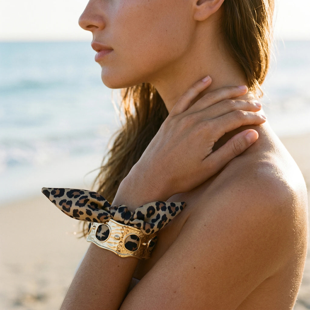 QIAOREN 11003 Leopard Print Scarf Bracelet Gold Stainless Steel Wide Adjustable Boho Beach Jewelry for Women