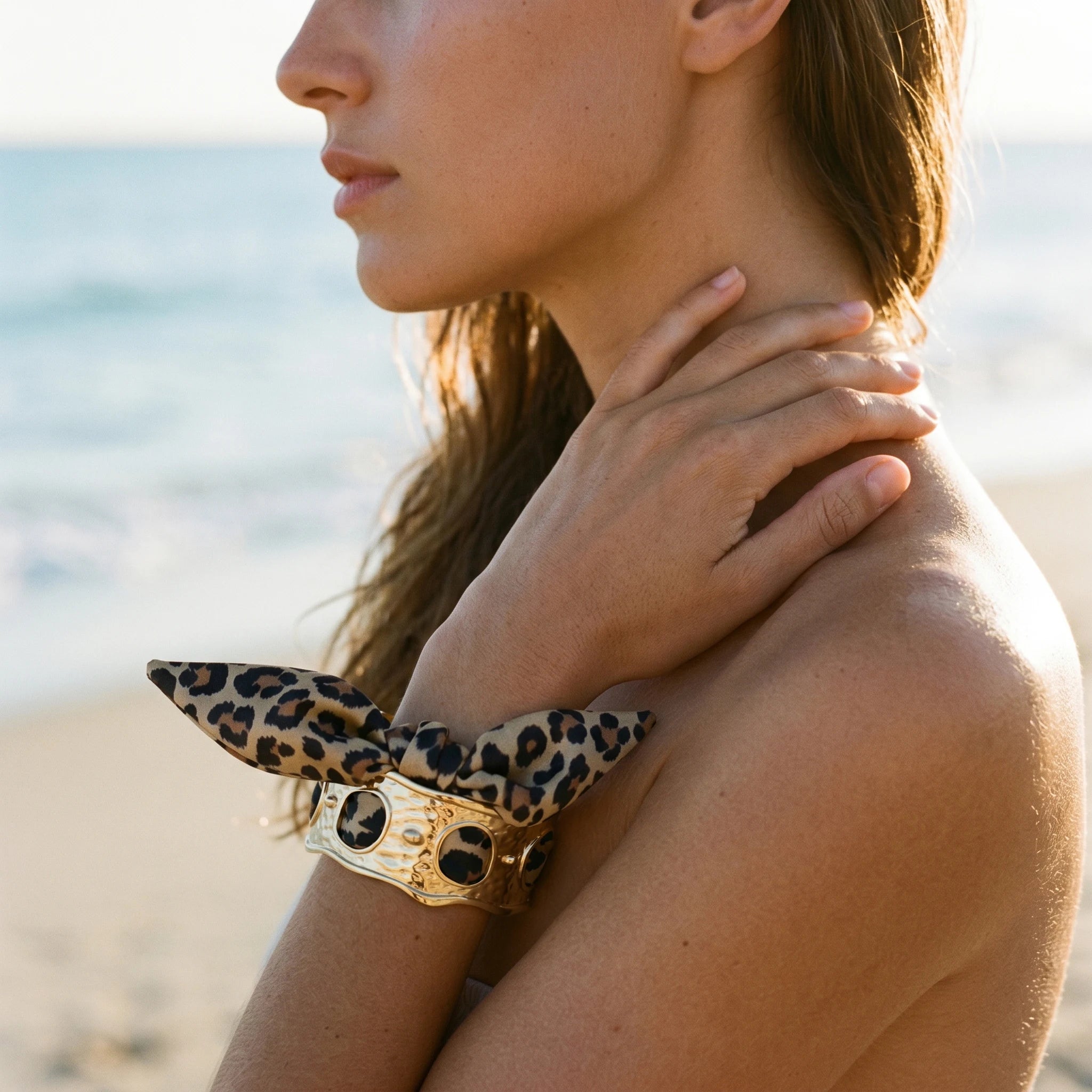QIAOREN 11003 Leopard Print Scarf Bracelet Gold Stainless Steel Wide Adjustable Boho Beach Jewelry for Women
