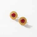QIAOREN 12259 Vintage Spiral Twisted Stainless Steel Stud Earrings 18K Gold Plated Round Red Cabochon Glass Ear Jewelry