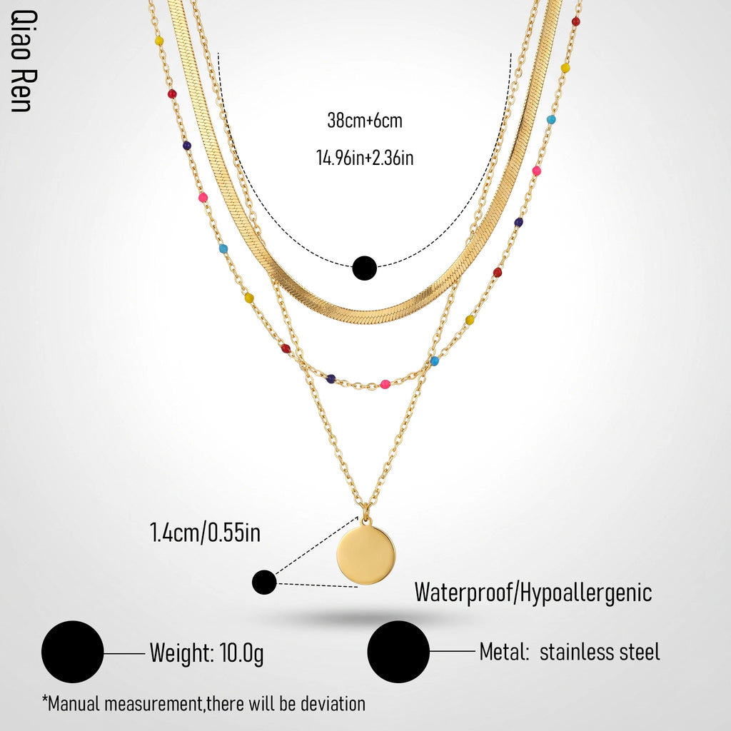 QIAOREN 14415 Layered Herringbone Colorful Bead Disc Pendant Necklace, Stainless Steel Multi Layer Chain Necklace Jewelry Gift