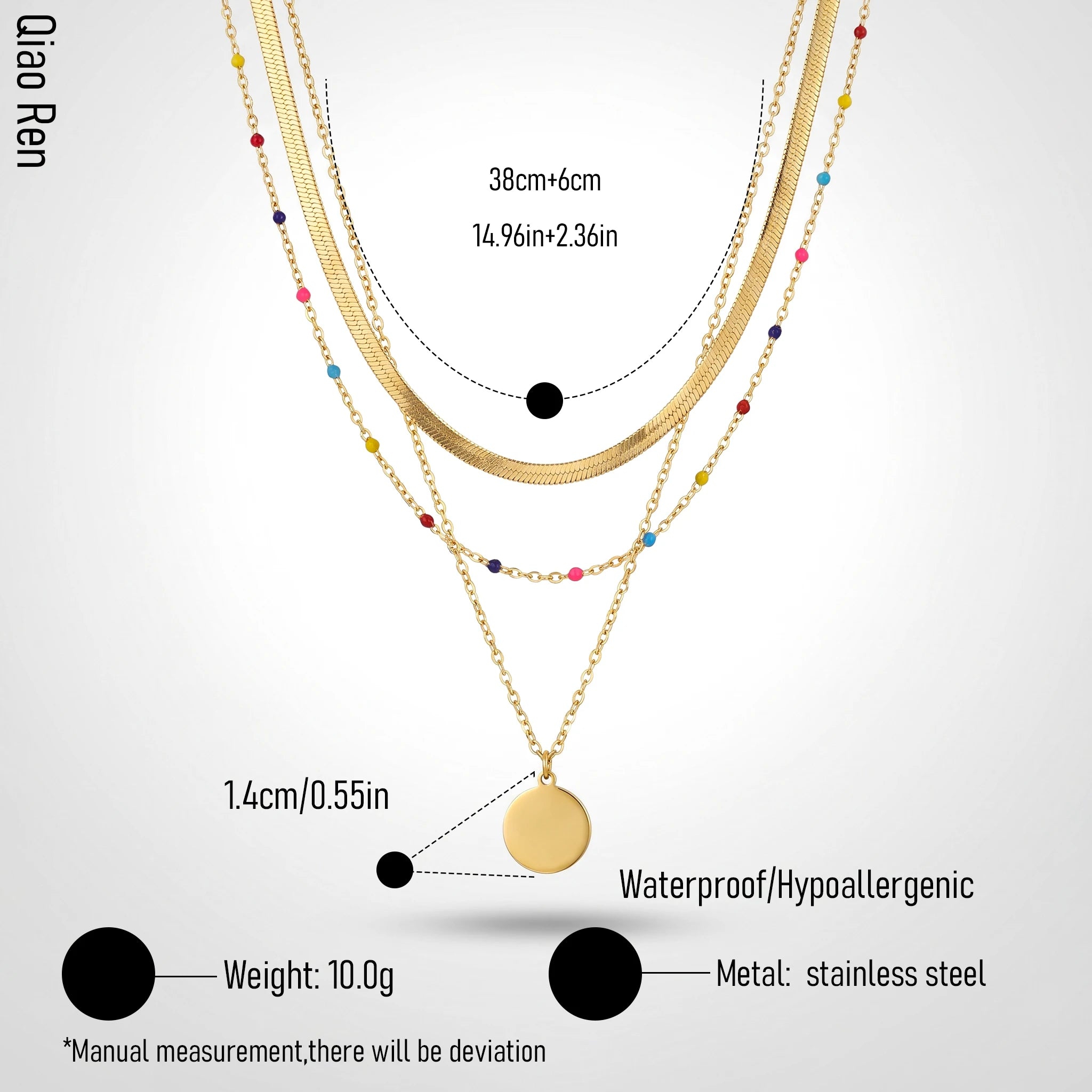 QIAOREN 14414 Layered Herringbone Colorful Bead Heart Pendant Necklace, Stainless Steel Multi Layer Chain Necklace Jewelry Gift