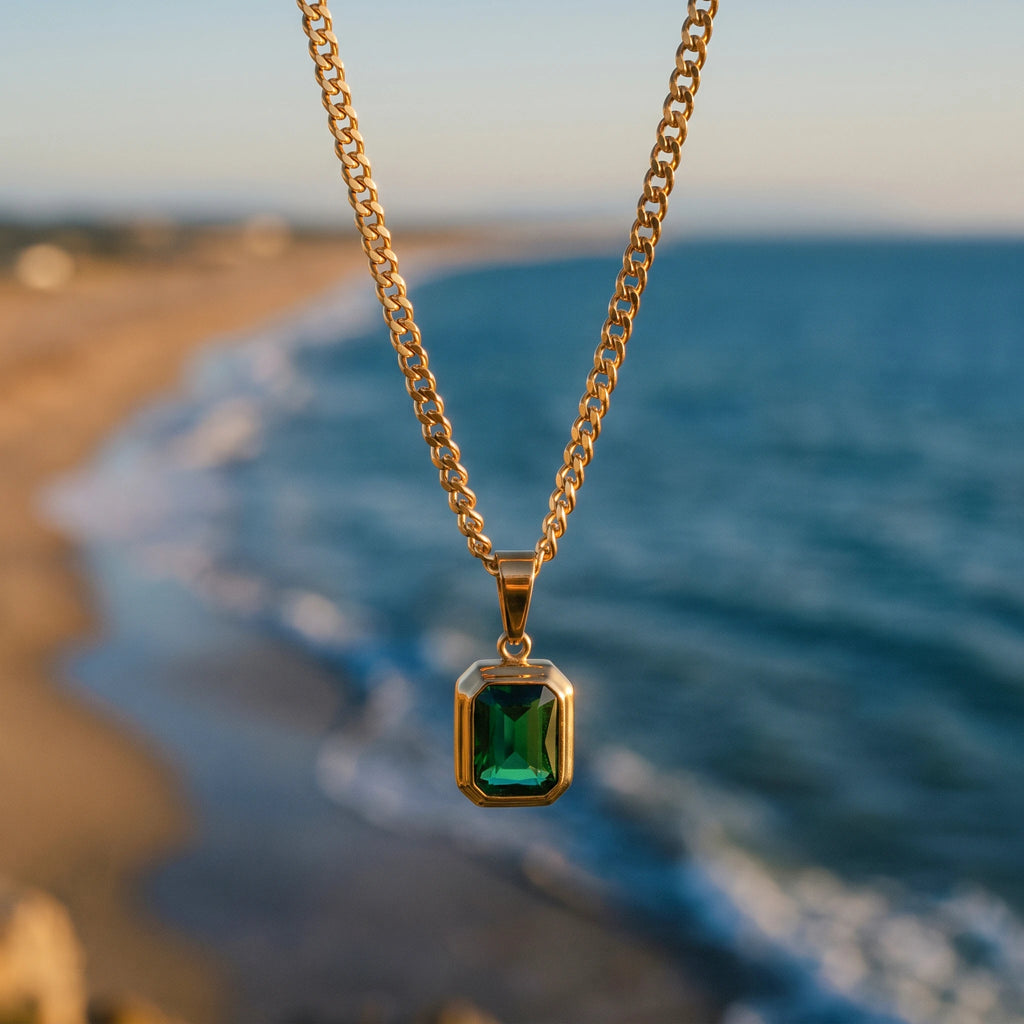 QIAOREN 14375 Emerald Cut Green Zirconia Rectangle Pendant Curb Chain Necklace, Stainless Steel Jewelry Gift