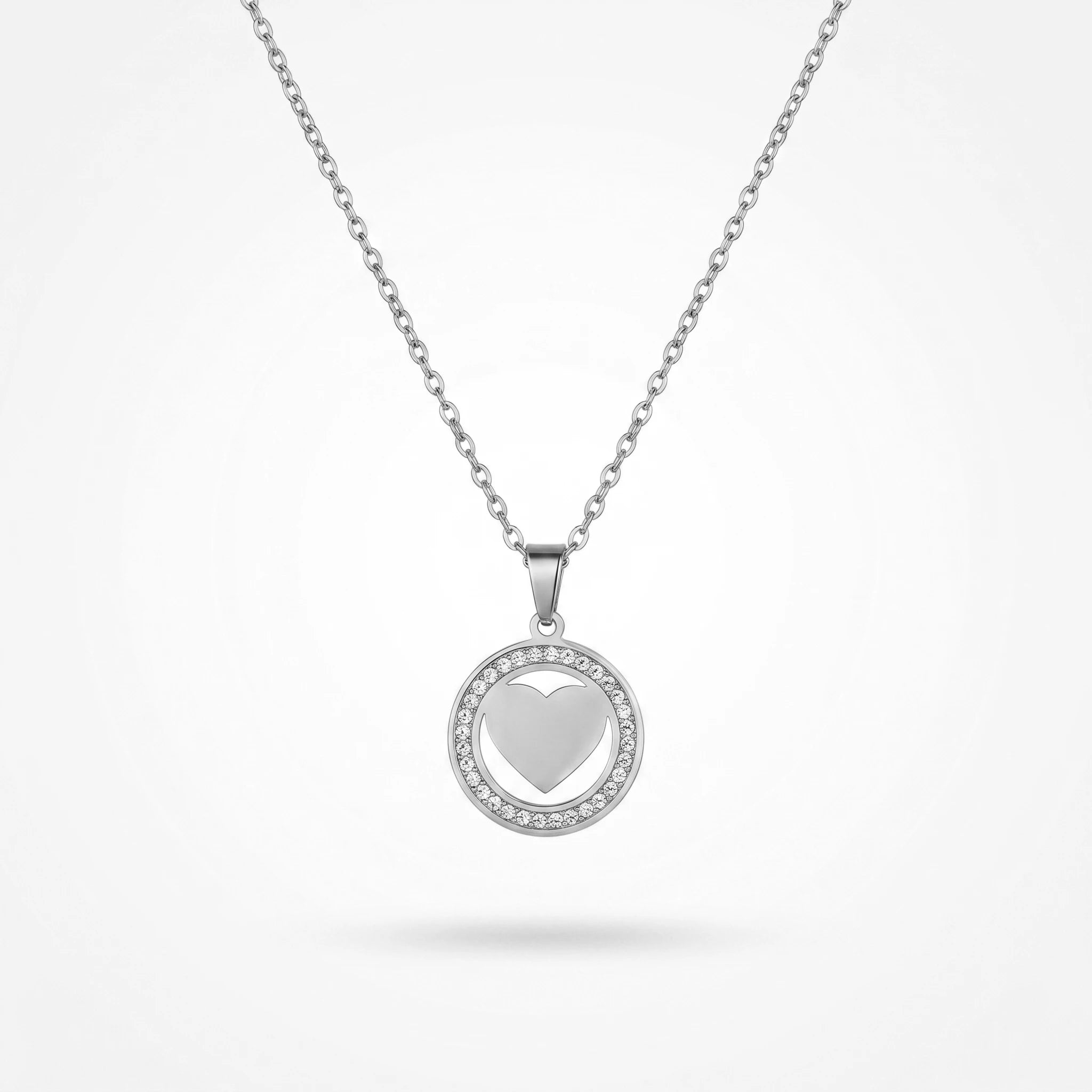 QIAOREN11860 Trendy Sparkling CZ Pave Heart Circle Necklace Stainless Steel Gold Plated Halo Love Pendant Jewelry for Women US