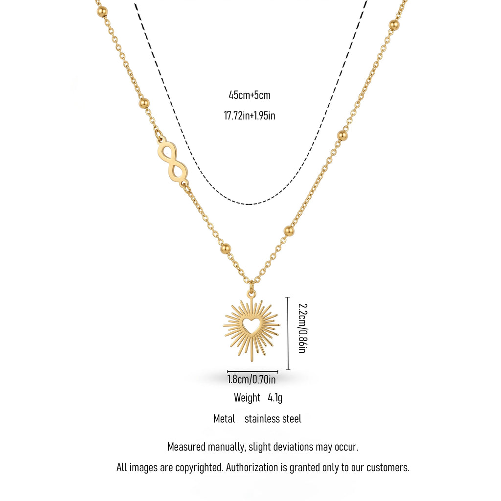 QIAOREN 13163  Gold Plated Infinity Heart Sunburst Pendant Necklace Stainless Steel Beaded Chain Fashion Jewelry for Women