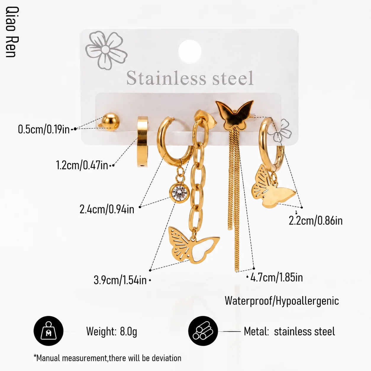 QIAOREN 14489 Butterfly Tassel Stainless Steel Shell Butterfly Drop Earrings Set, Gold Multi Style Earring Pack Jewelry Gift