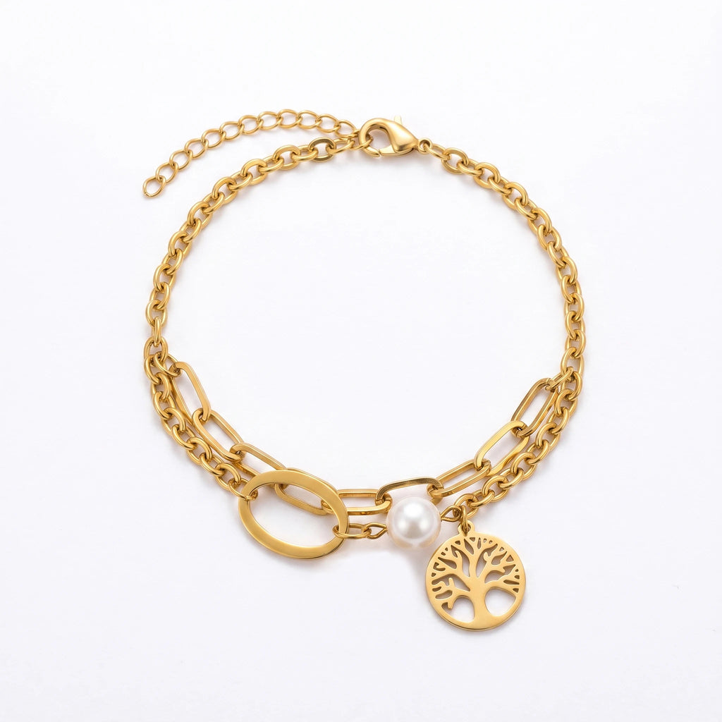QIAOREN 10810 Waterproof 18K Gold Plated Stainless Steel Tree of Life Pearl Layered Bracelet for Women Family Gift Jewelry