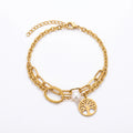 QIAOREN 10810 Waterproof 18K Gold Plated Stainless Steel Tree of Life Pearl Layered Bracelet for Women Family Gift Jewelry