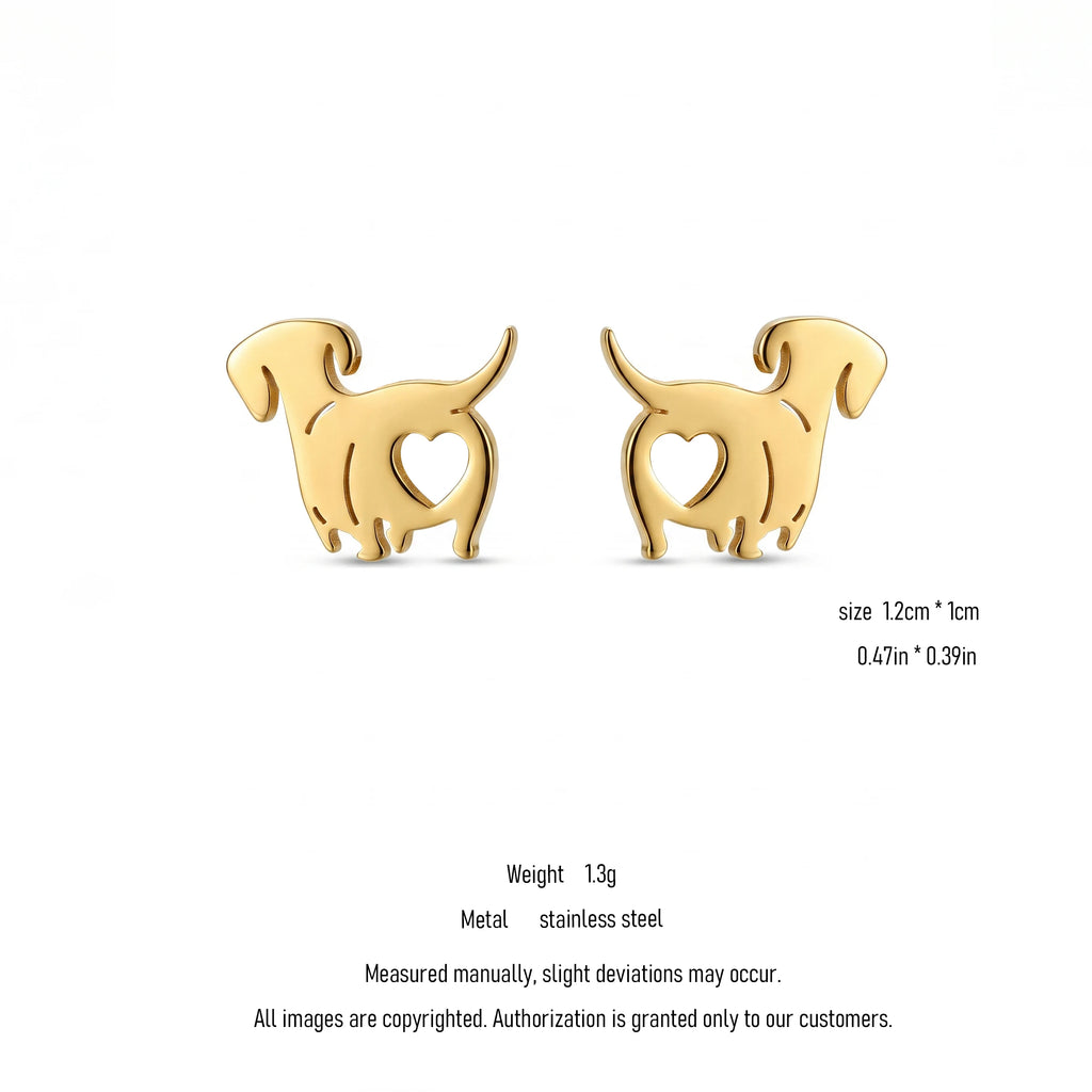 QIAOREN 10721 18K Gold Plated Stainless Steel Dachshund Stud Earrings, Hypoallergenic Cute Dog Heart Hollow Earrings for Women