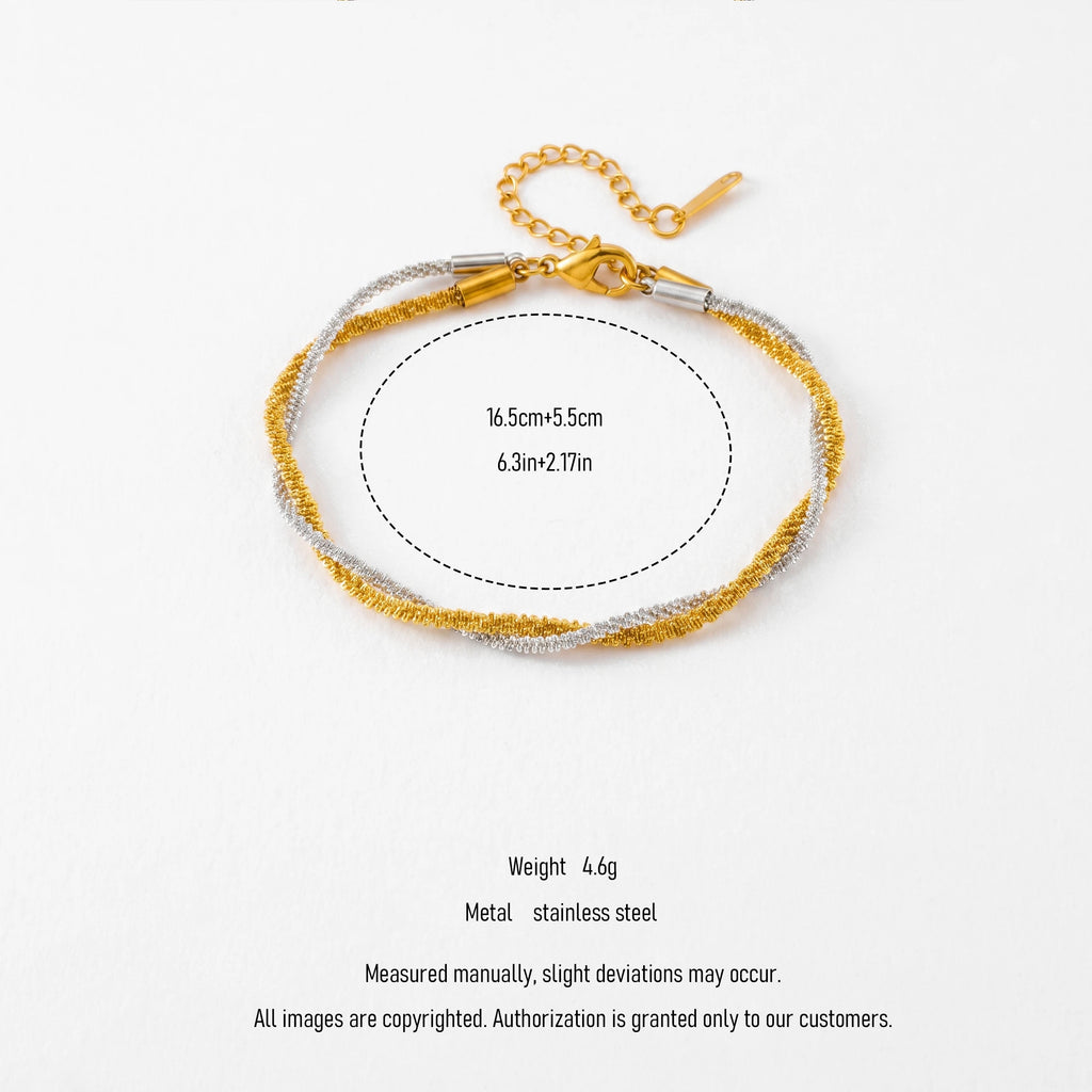 QIAOREN 13545 Two Tone Twisted Sparkly Wire Bracelet, Gold Silver Intertwined Thin Chain Wrist Jewelry