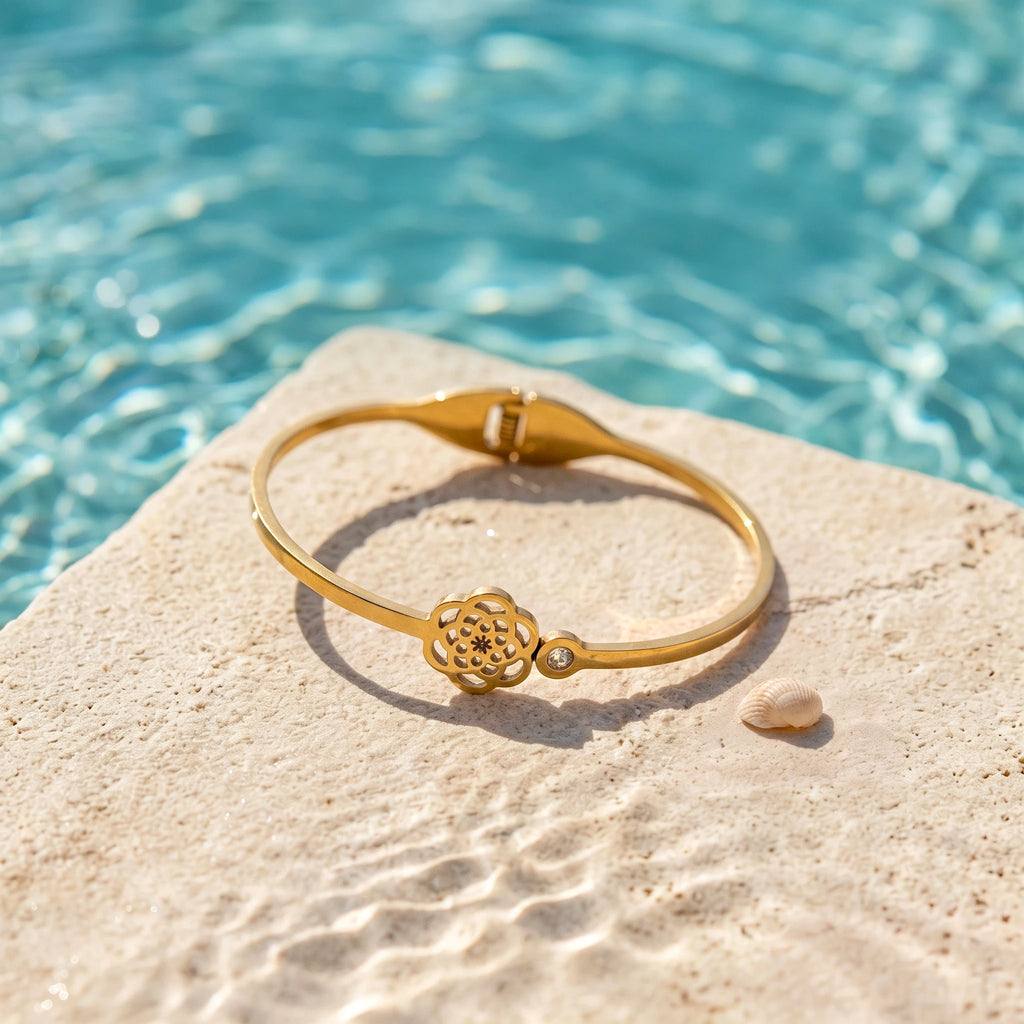QIAOREN 13654 Spring Opening Cuff Bangle with Hollow Mandala Flower & Side Mini Zircon Dual Charms, Polished Thin Gold Bangle