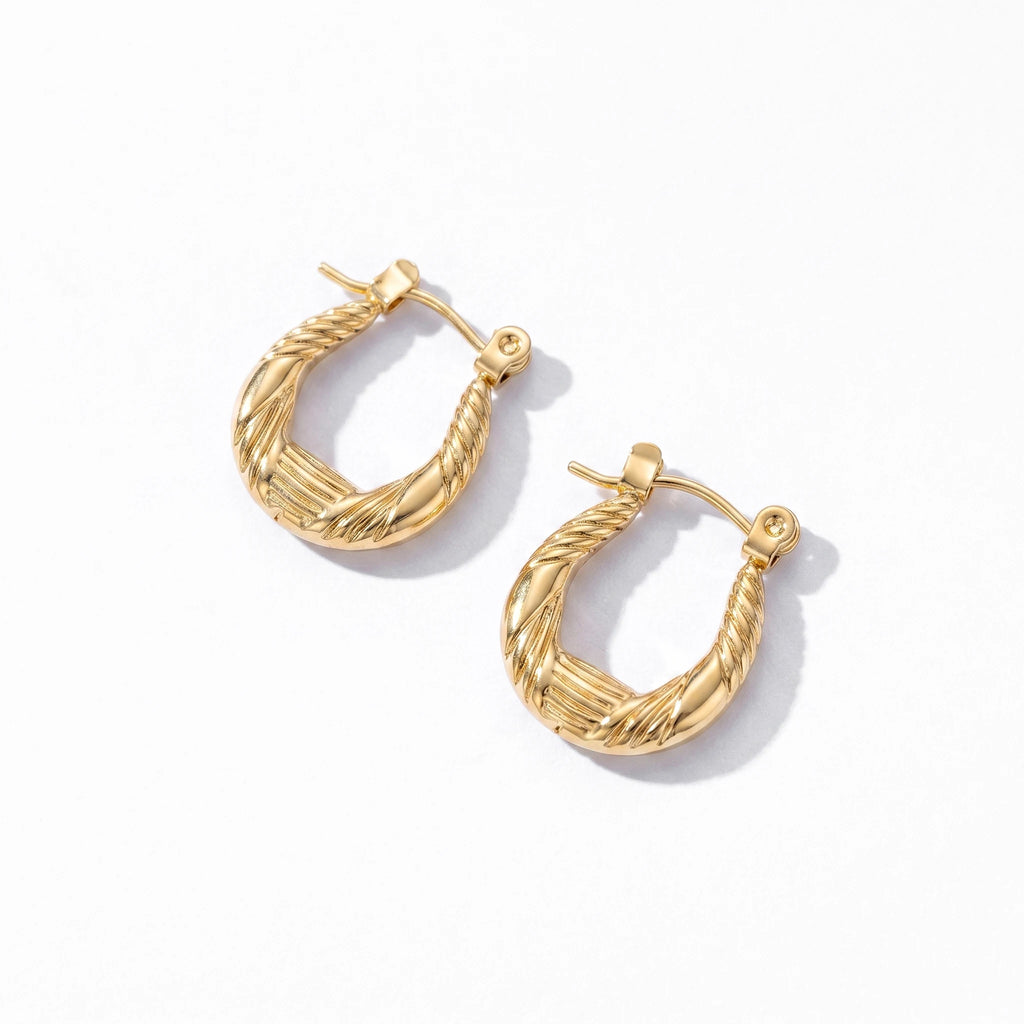QIAOREN 12497  French Croissant Hoop Earrings Gold Stainless Steel Ribbed U-Shaped Twisted Rope Hoops Women US EU