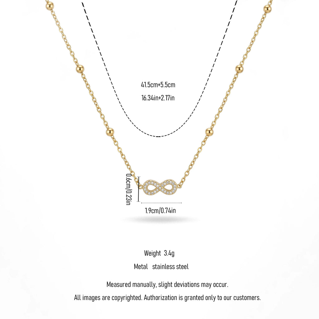 QIAOREN 13987 Beaded Cable Chain Infinity Symbol Pendant Necklace with Paved Clear CZ Inlay, Polished Gold Eternal Love Collar