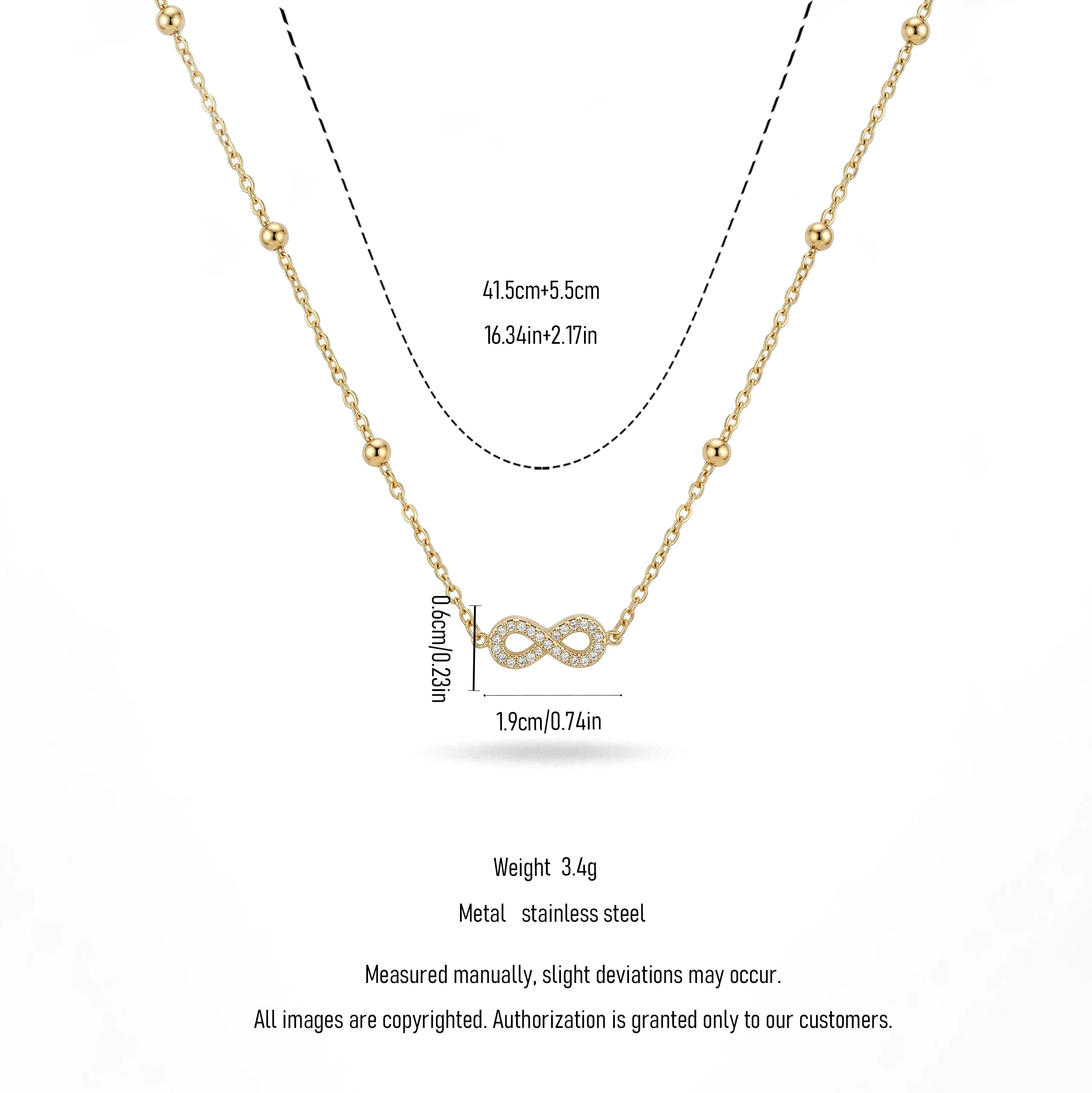 QIAOREN 13987 Beaded Cable Chain Infinity Symbol Pendant Necklace with Paved Clear CZ Inlay, Polished Gold Eternal Love Collar