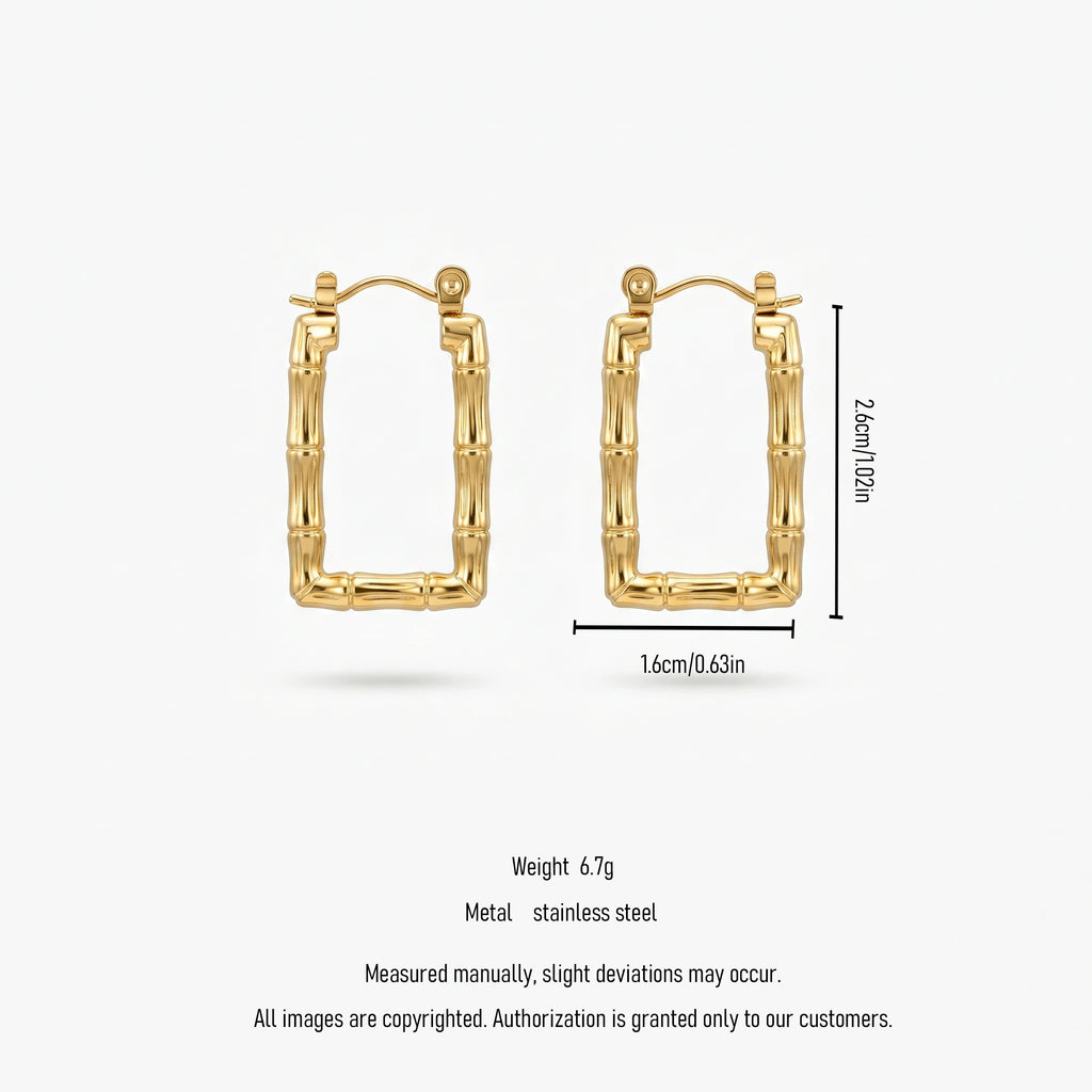 QIAOREN 12433 Elegant  Textured Rectangular Hoops Gold Stainless Steel Statement Jewelry Gift Women