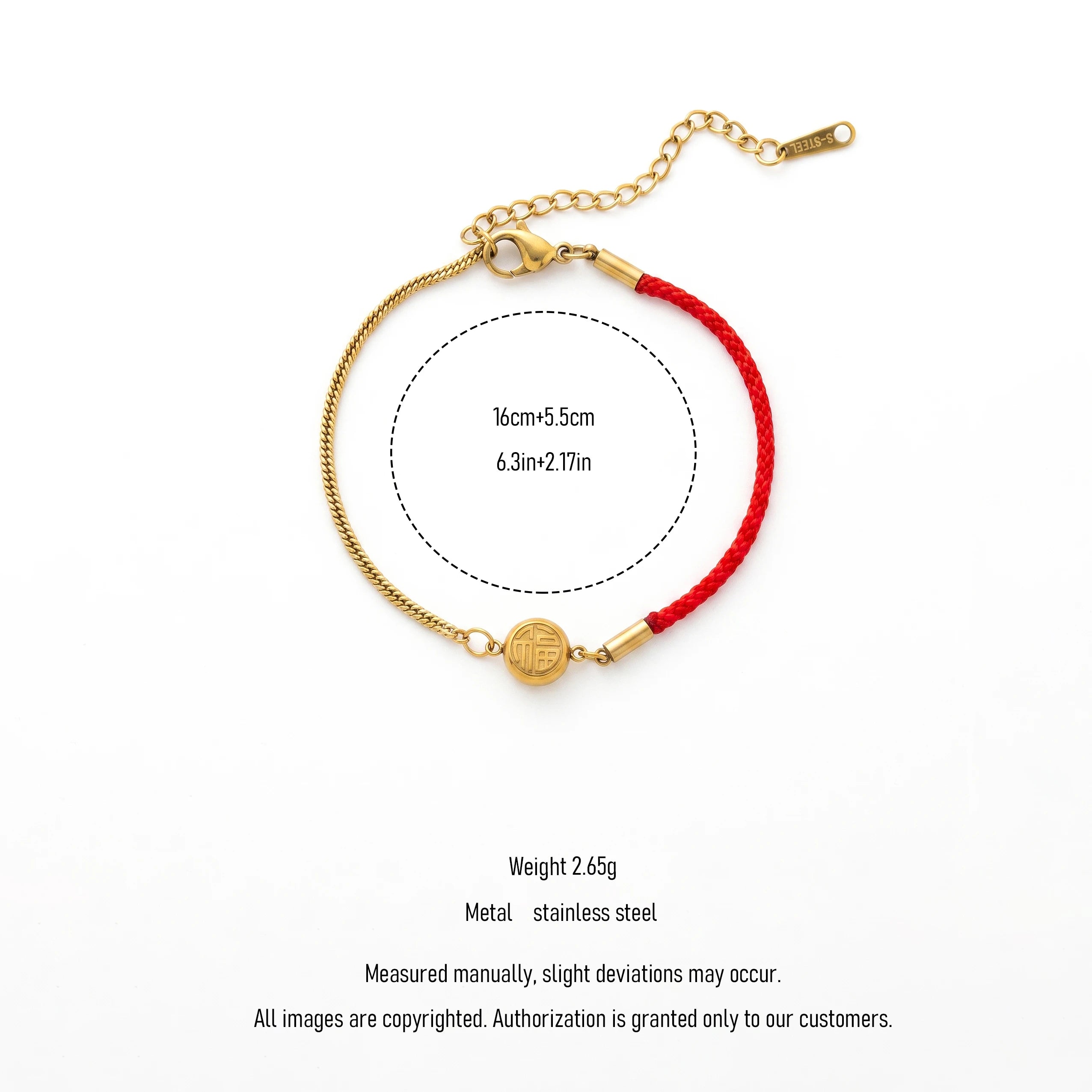 QIAOREN 13302 Lucky Red Cord Bracelet Stainless Steel Twist Chain Gold Fu Disc Adjustable Extender Chinese Style