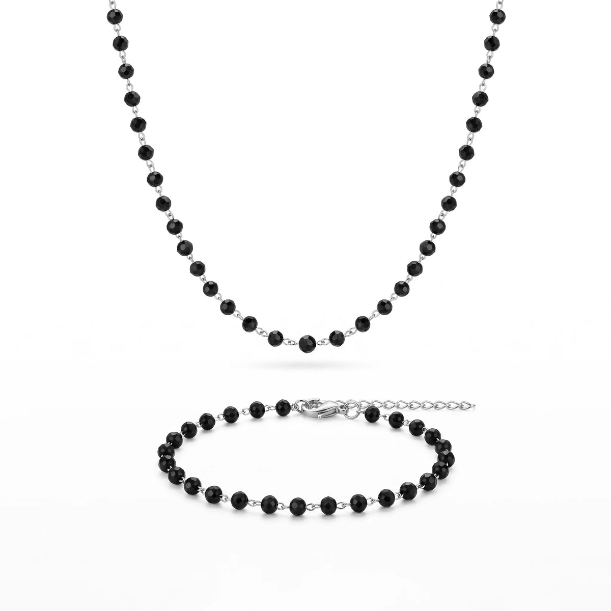 QIAOREN 10855 Stainless Steel Gold Plated Black Faceted Beaded Jewelry Set Necklace and Bracelet for Women Party