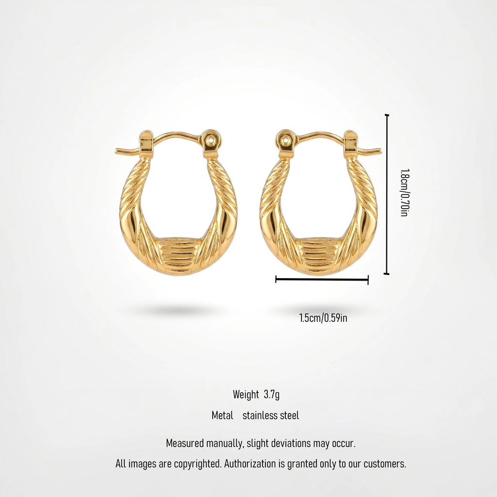 QIAOREN 12497  French Croissant Hoop Earrings Gold Stainless Steel Ribbed U-Shaped Twisted Rope Hoops Women US EU