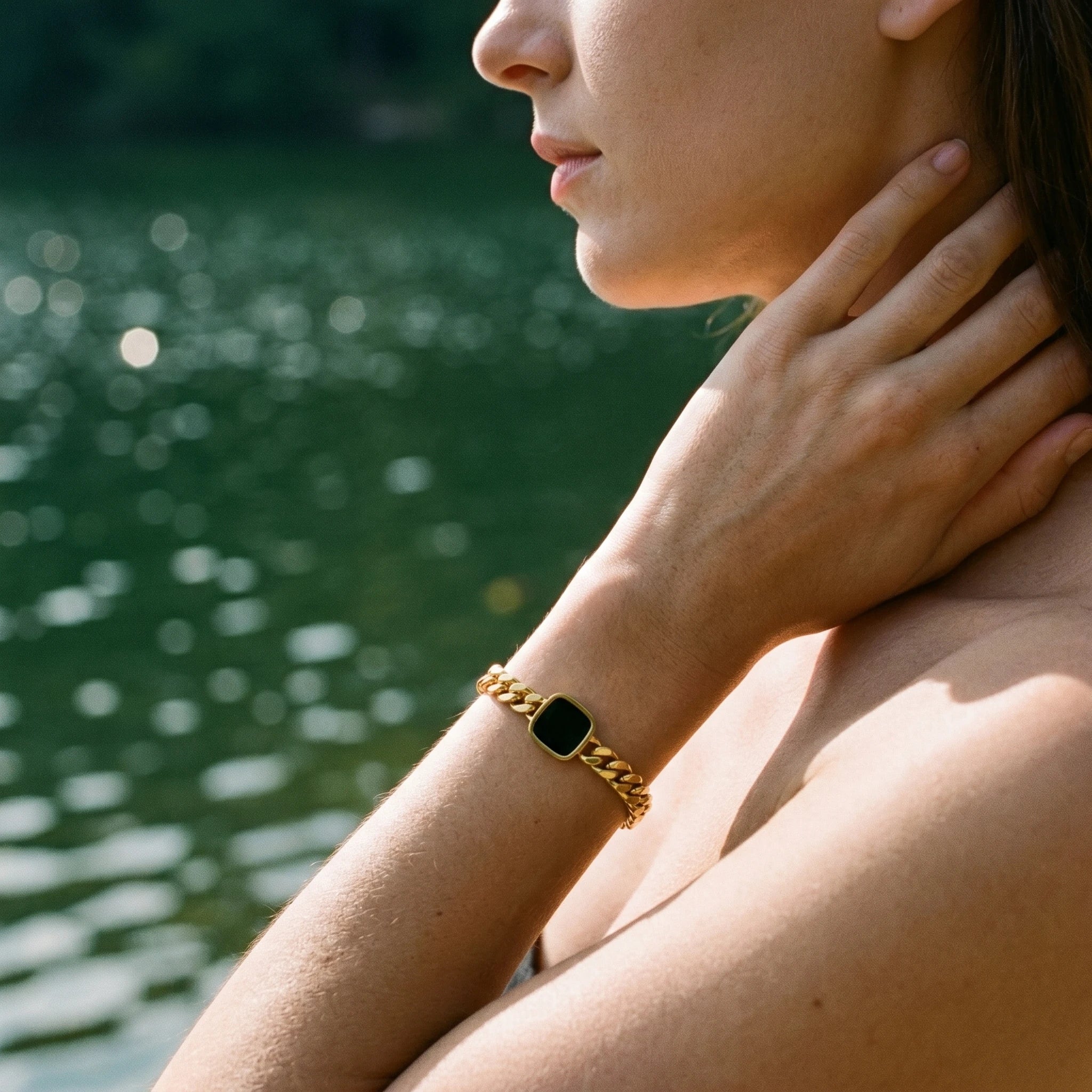 QIAOREN 10786 18K Gold Plated Stainless Steel Cuban Bracelet Black Square Onyx Pendant Waterproof Non Tarnish Adjustable Jewelry