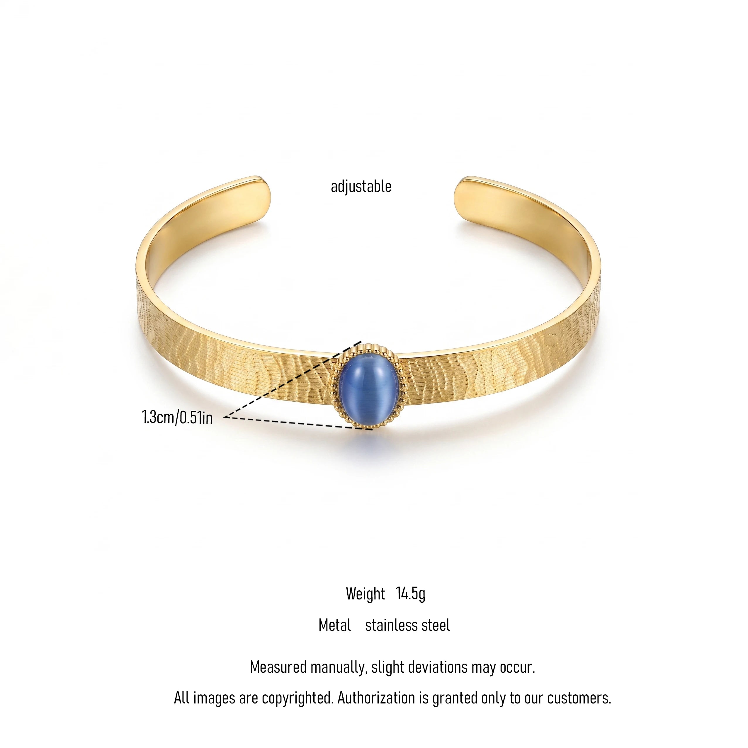 QIAOREN 13665 Textured Wave Open Cuff Bracelet with Oval Blue Cat Eye Stone Bezel Setting, Matte Brush Gold Adjustable Wrist