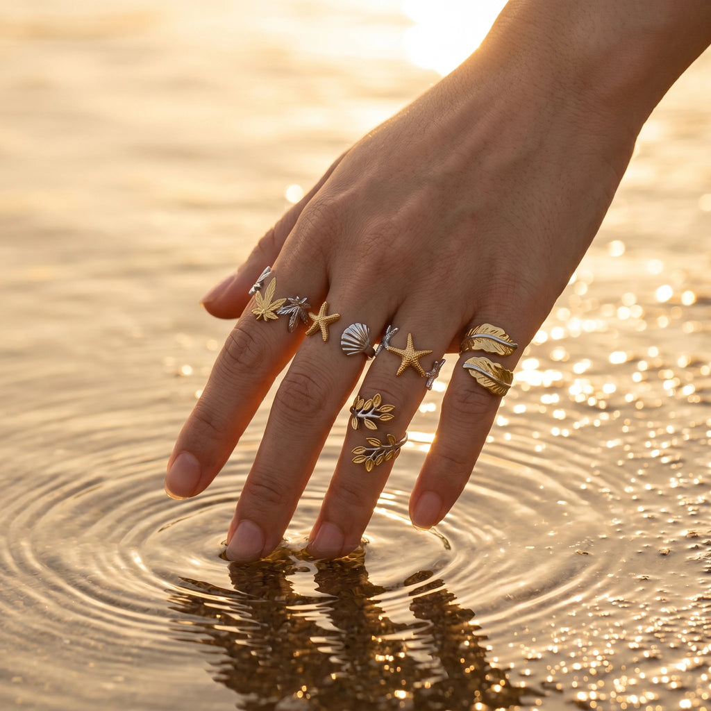 QIAOREN 12959-63 18K Gold Plated 316L Stainless Steel Two Tone Snake Star Adjustable Rings Set Tarnish Free Waterproof Jewelry