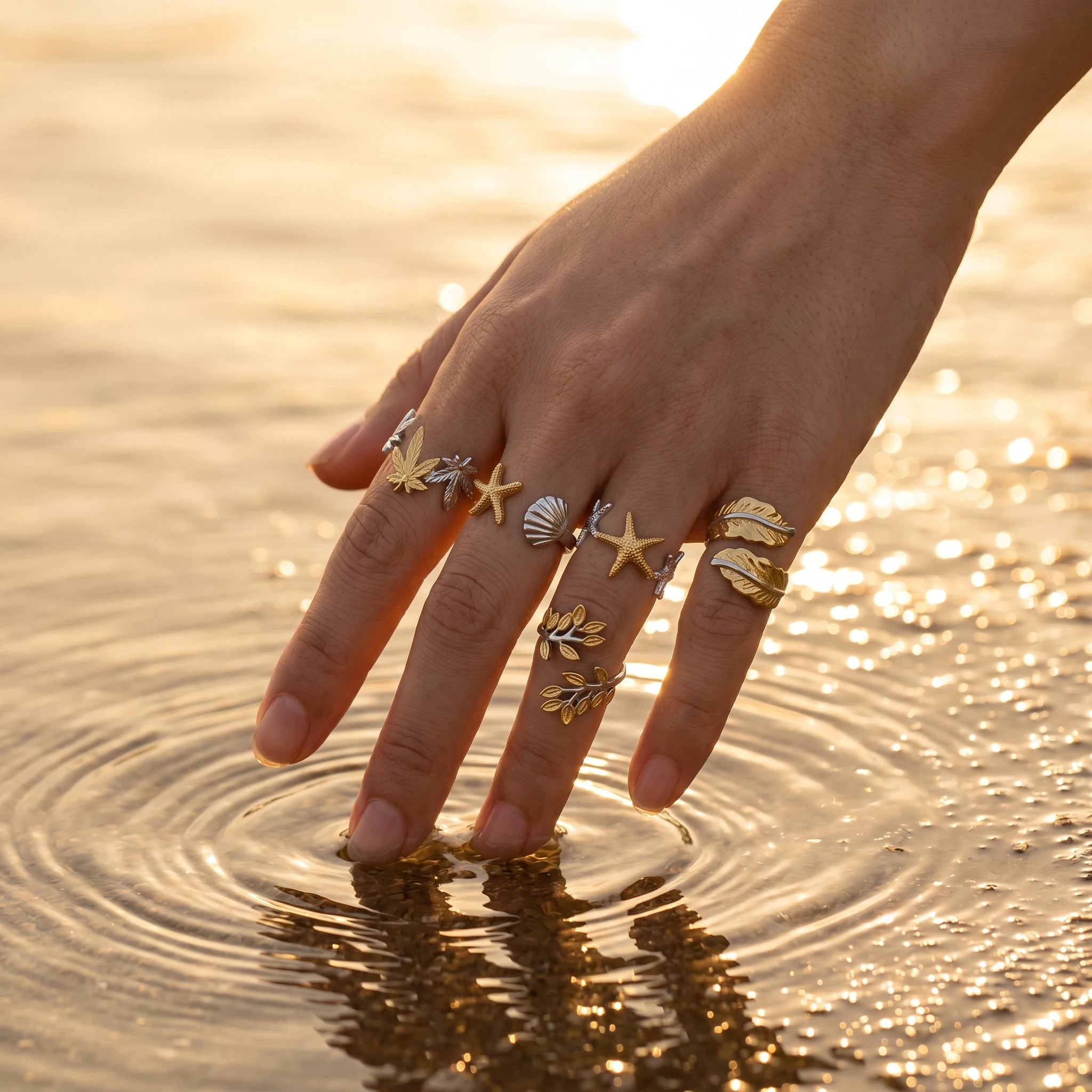 QIAOREN 12959-63 18K Gold Plated 316L Stainless Steel Two Tone Snake Star Adjustable Rings Set Tarnish Free Waterproof Jewelry