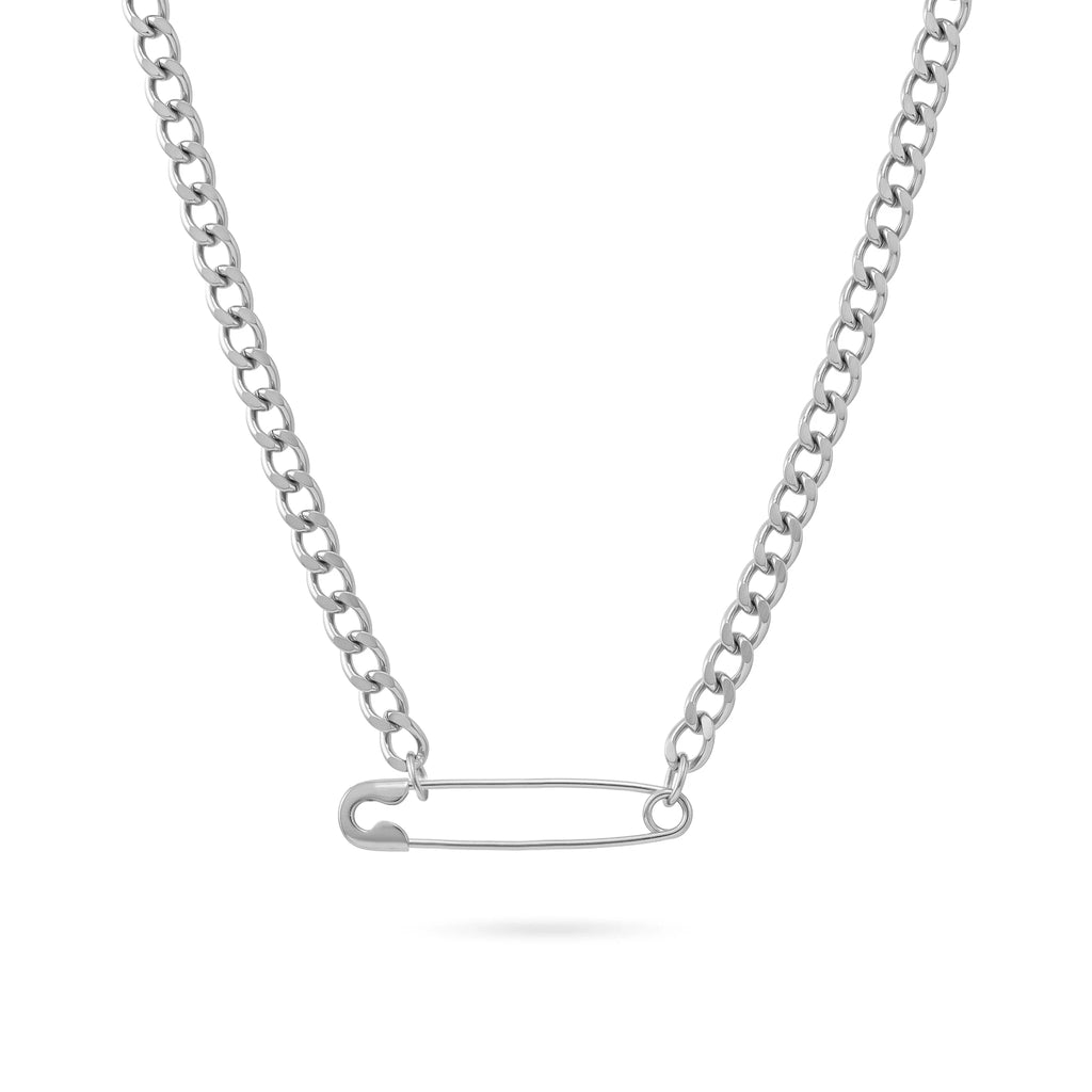 QIAOREN 11833 Edgy Chunky Safety Pin Cuban Chain Necklace 18K Gold Stainless Steel Minimalist Statement Streetwear Jewelry