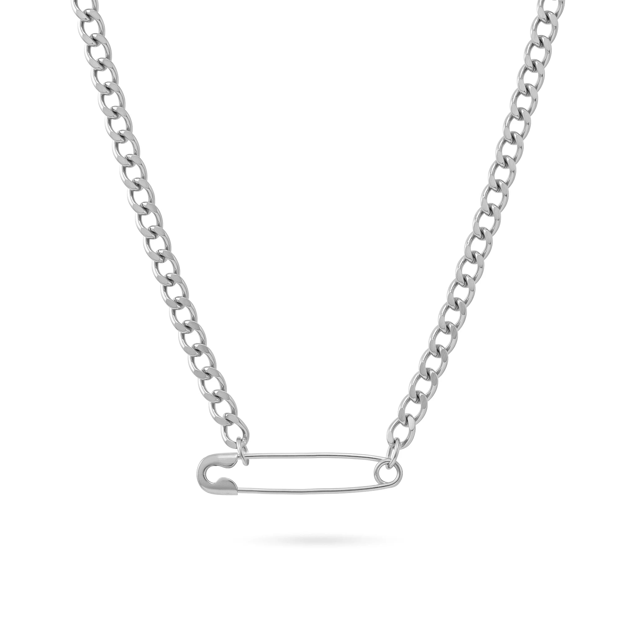 QIAOREN 11833 Edgy Chunky Safety Pin Cuban Chain Necklace 18K Gold Stainless Steel Minimalist Statement Streetwear Jewelry