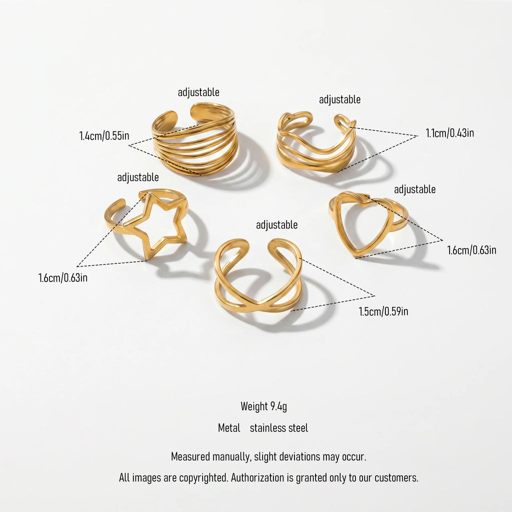 QIAOREN 13071-75 5Pcs 18K Gold Plated Stainless Steel Open Ring Set, Adjustable Stackable Hollow Star & Heart Finger Rings
