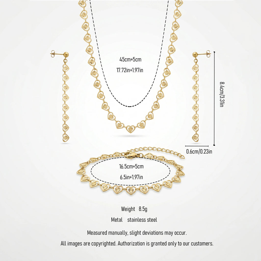 QIAOREN 11581 18K Gold Plated Stainless Steel Heart Jewelry Set Women Hollow Necklace Bracelet Dangle Earrings 3PCS