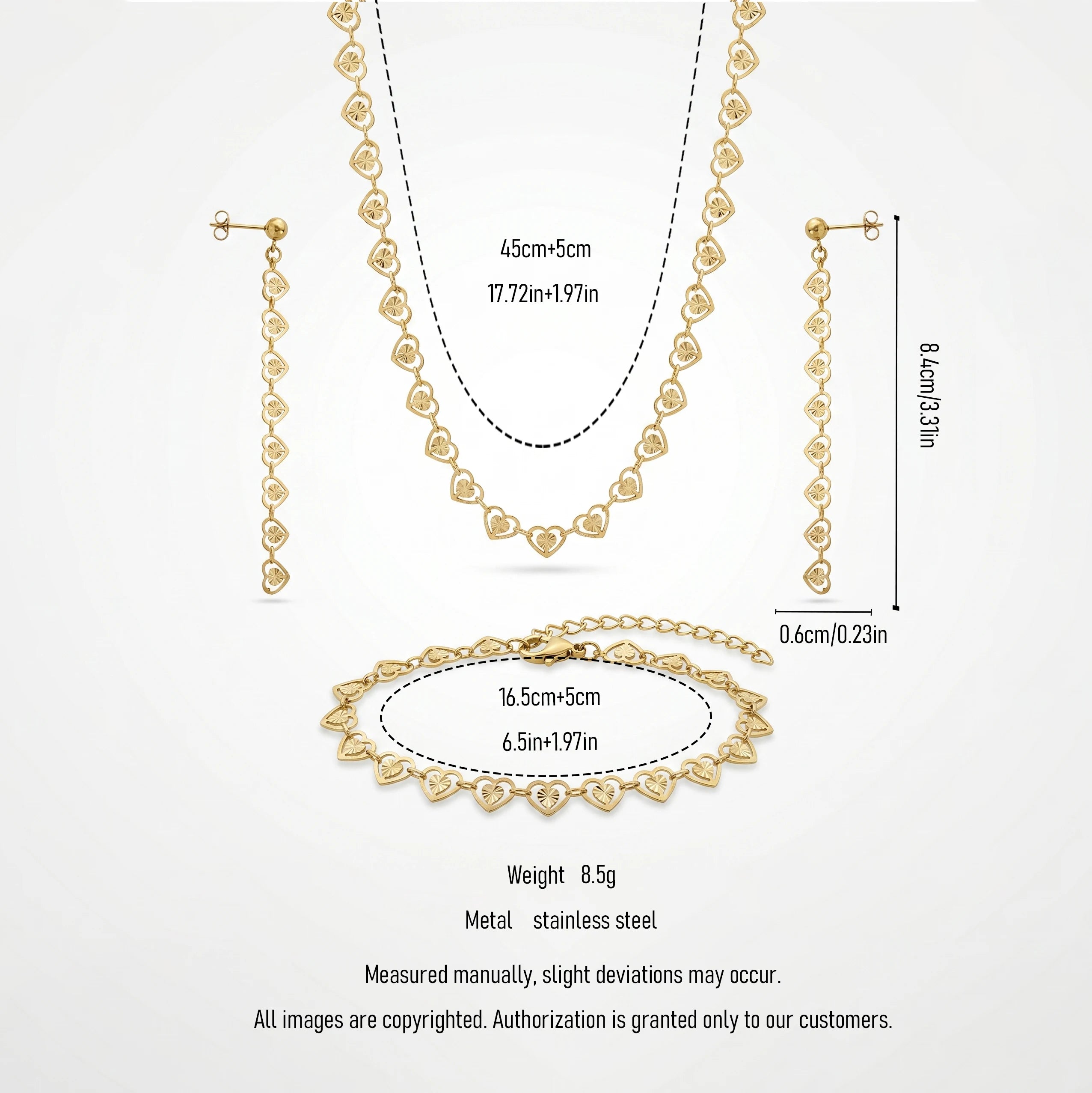 QIAOREN 11581 18K Gold Plated Stainless Steel Heart Jewelry Set Women Hollow Necklace Bracelet Dangle Earrings 3PCS