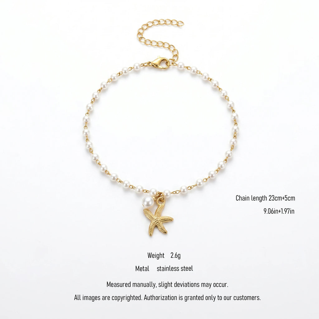 QIAOREN 11047 Chic Coastal Pearl Anklet with Gold Starfish Pendant Waterproof Vacation Jewelry for Women