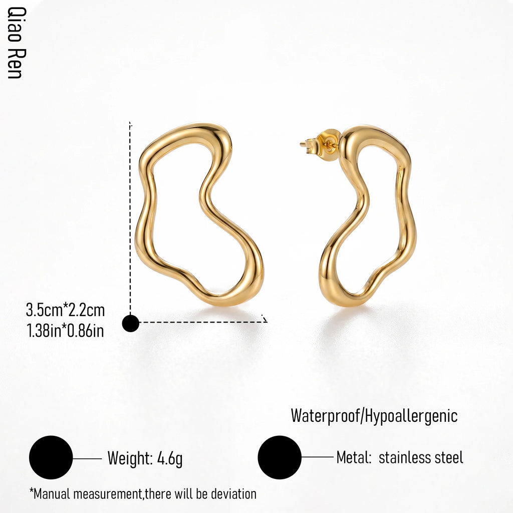QIAOREN 14549 Irregular Wavy Open Hoop Earrings, Abstract Organic Curved Hollow Gold Plated Geometric Stud Earrings