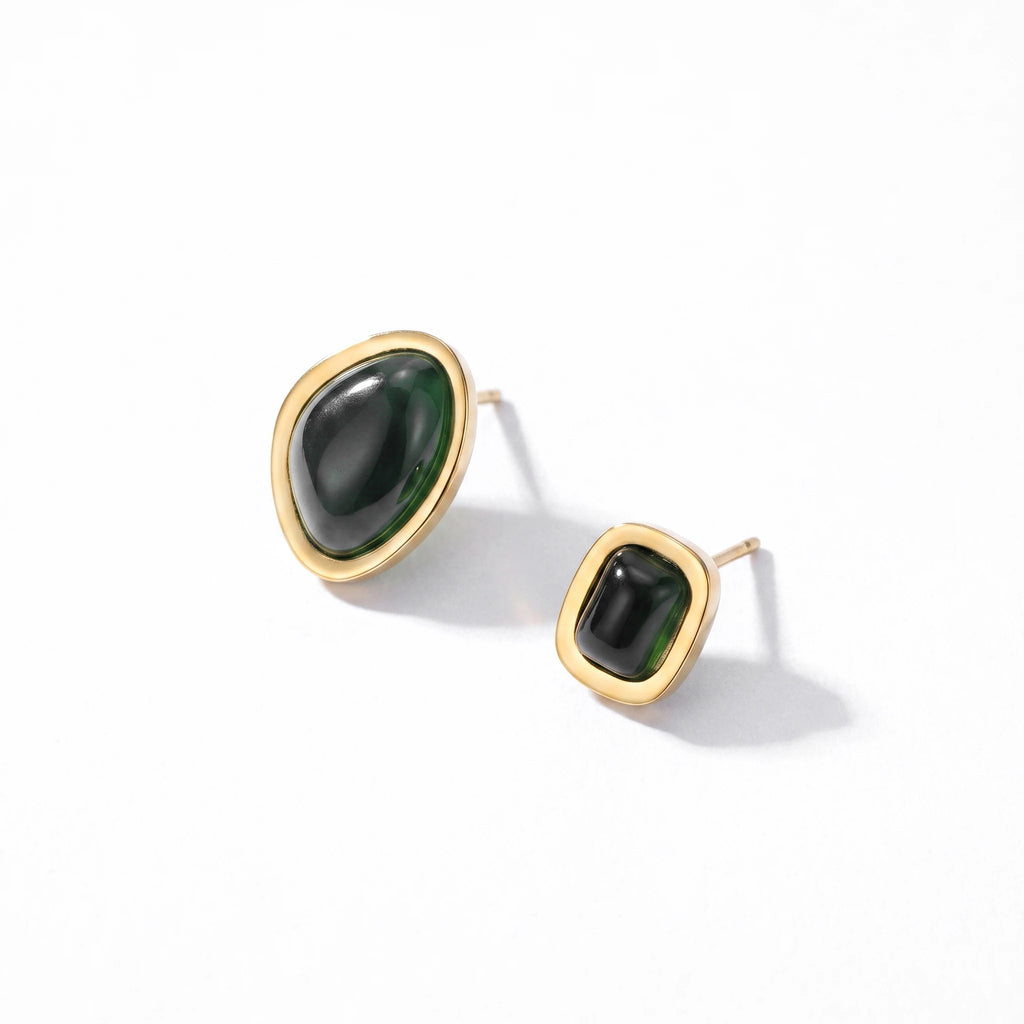 QIAOREN 13449 Gold Tone Bezel Set Oval Square Cabochon Stone Stud Earrings Multi Color Glossy Smooth Gem Ear Jewelry Gift