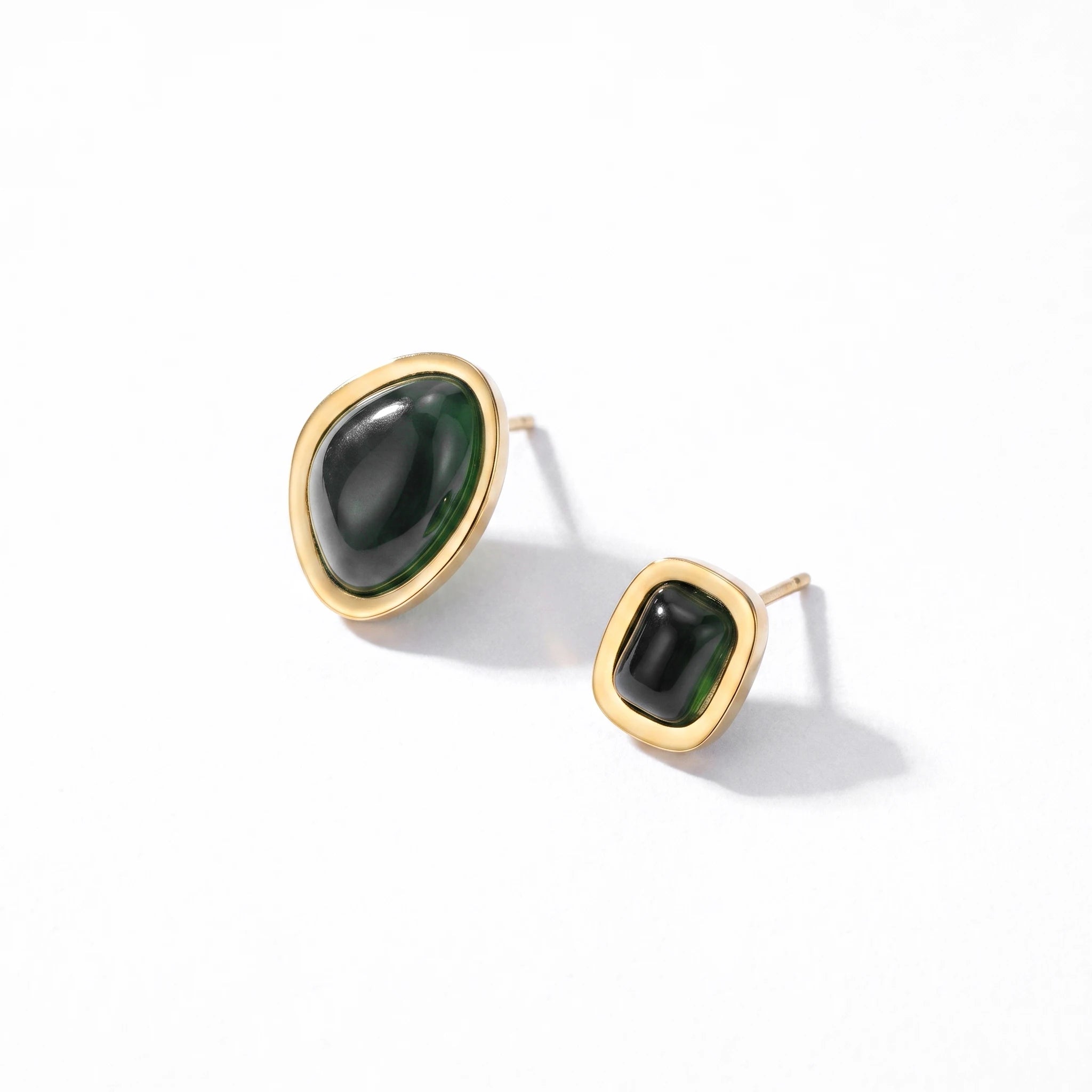 QIAOREN 13449 Gold Tone Bezel Set Oval Square Cabochon Stone Stud Earrings Multi Color Glossy Smooth Gem Ear Jewelry Gift