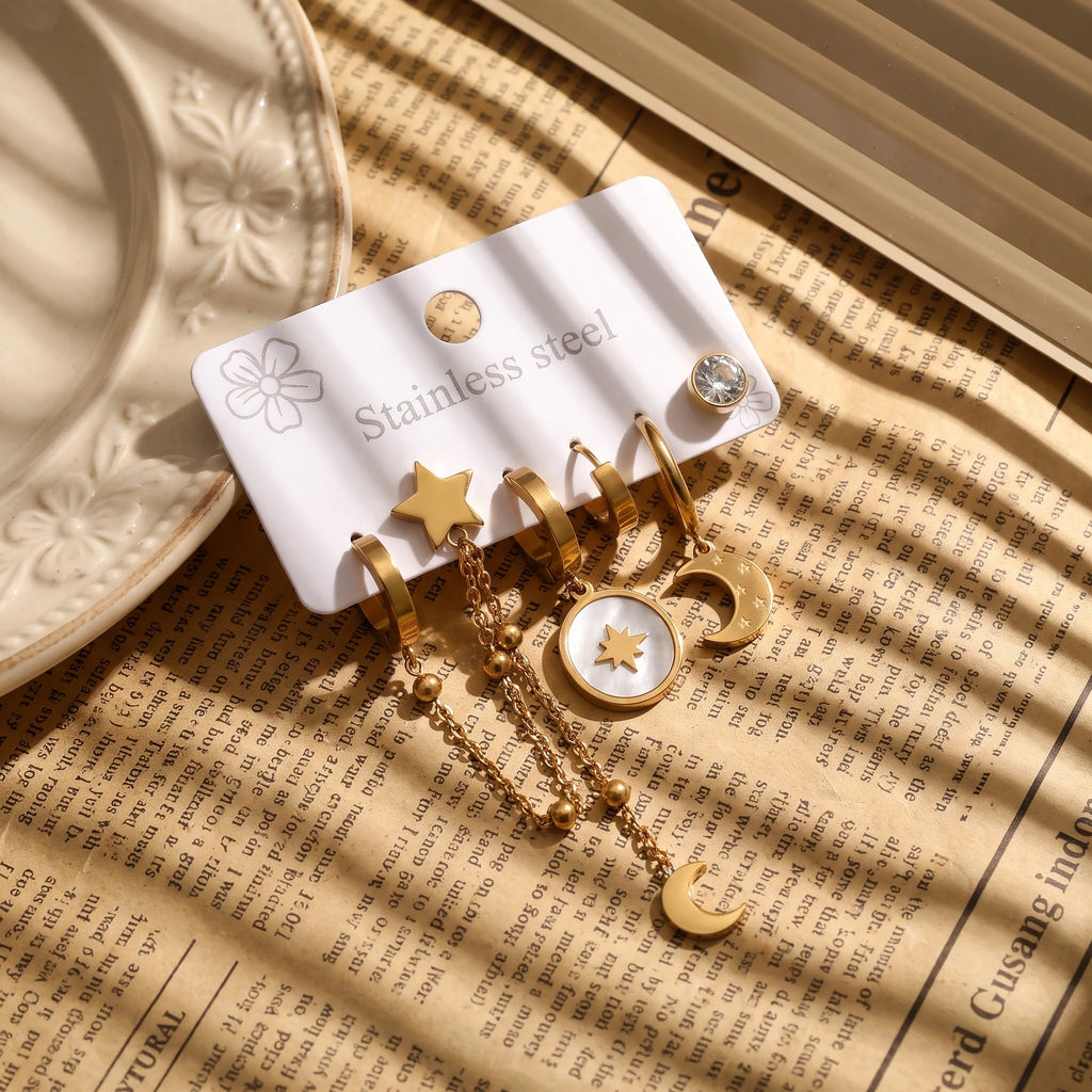 QIAOREN 14477 Stainless Steel Gold Moon Star Dangle Huggie Hoop Earrings Set, Shell Oval Star Pendant Tassel Chain Ear Jewelry