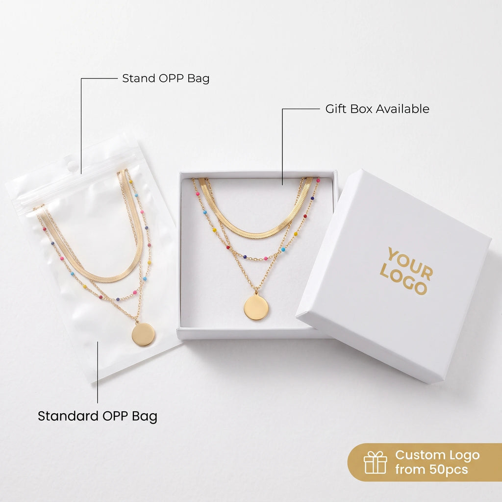 QIAOREN 14415 Layered Herringbone Colorful Bead Disc Pendant Necklace, Stainless Steel Multi Layer Chain Necklace Jewelry Gift