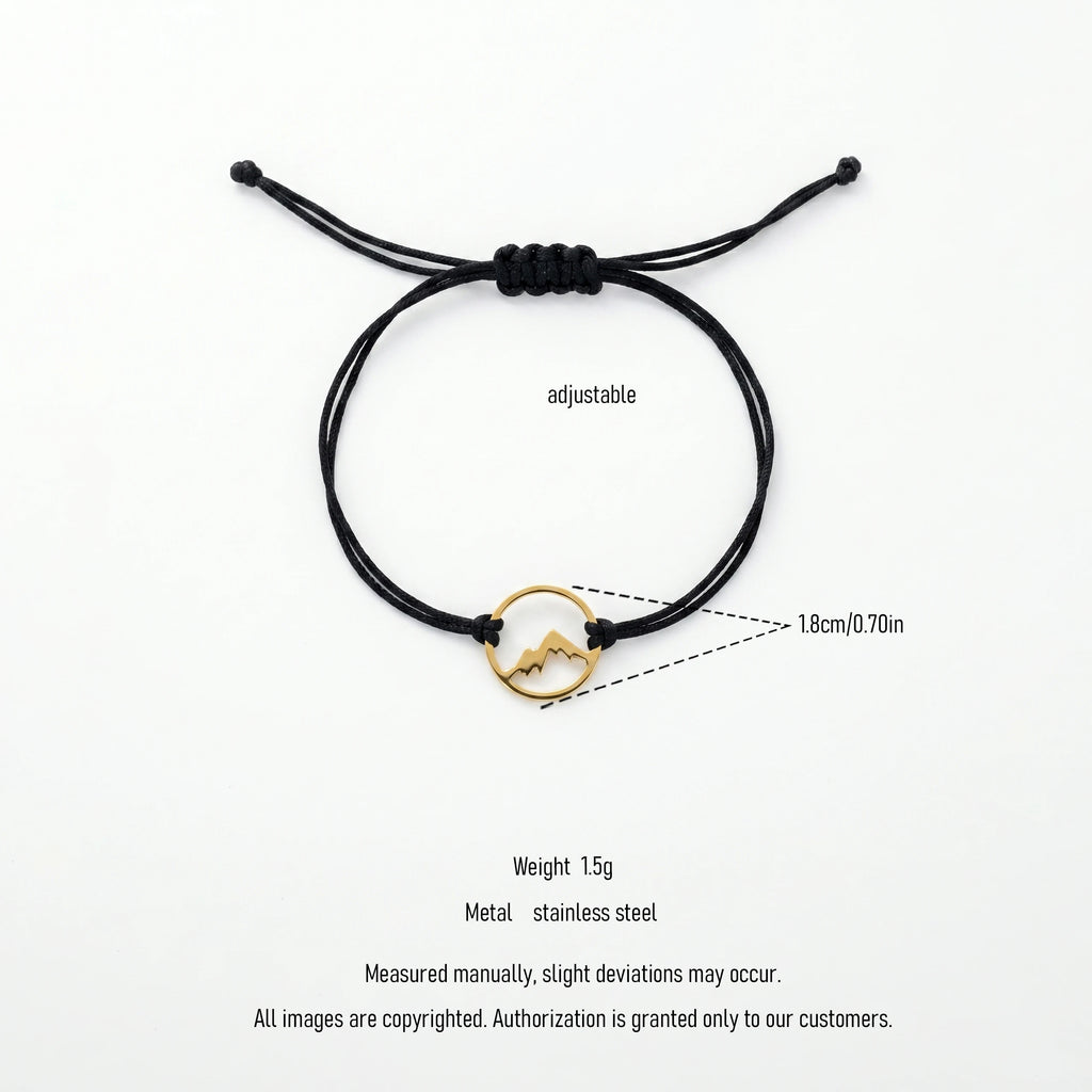 QIAOREN 12769 Stainless Steel Gold Mountain Circle Pearl Charm Women's Black Adjustable Rope Cord Minimal Outdoor Wrist Jewelry