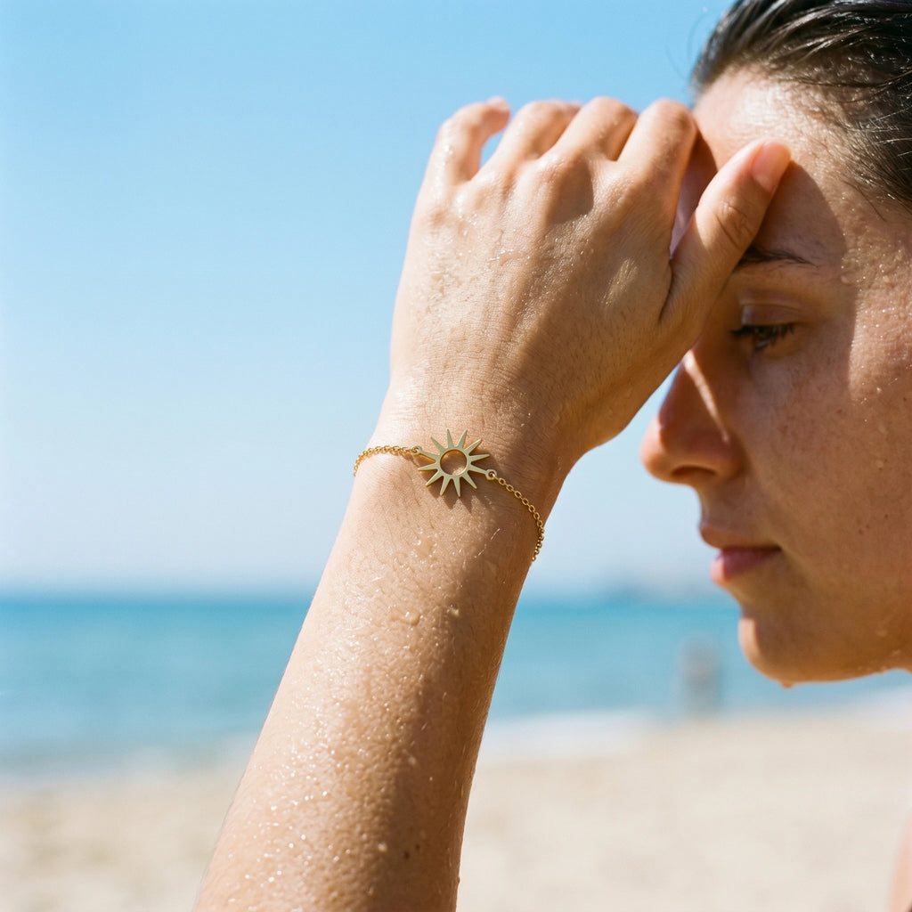 QIAOREN 10729 Trendy Beach-Ready Sunburst Butterfly Charm Bracelet Stainless Steel Gold Plated Adjustable Layering Bracelet