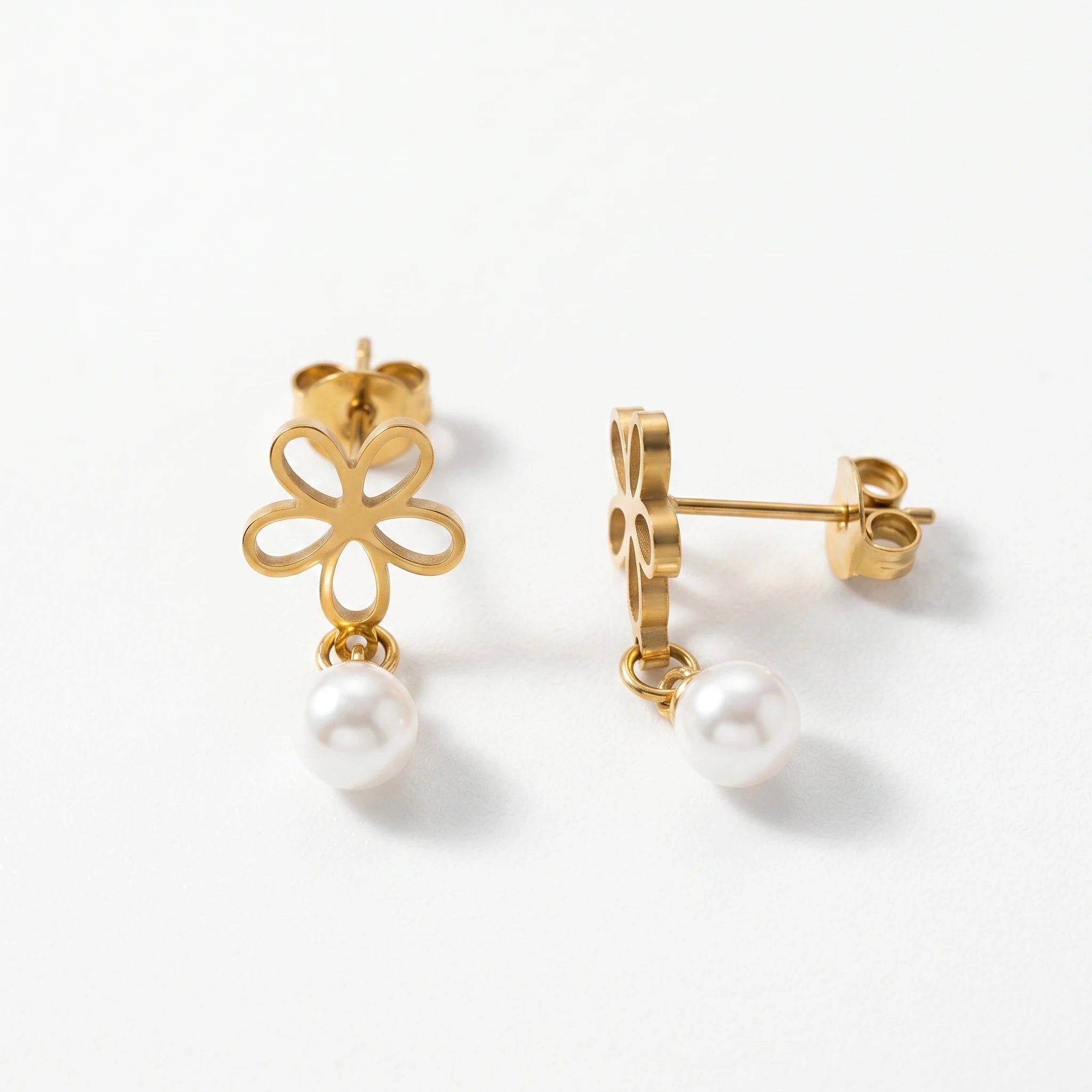 QIAOREN 10833 18K Gold Plated Stainless Steel Flower Stud Earrings with Pearl Drop for Women