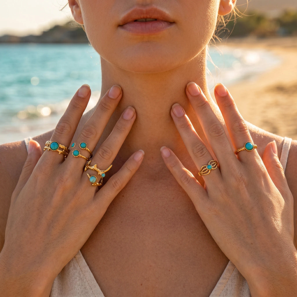 QIAOREN 18K Gold Stainless Steel Turquoise Open Ring Set, Waterproof Vintage Adjustable Boho Stackable Rings