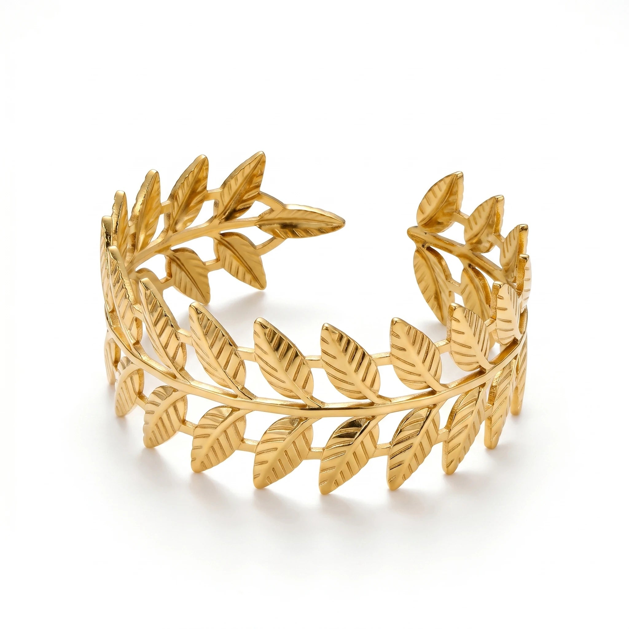 QIAOREN 11886 Boho Beach Laurel Leaf Cuff Bracelet 18K Gold Stainless Steel Greek Olive Branch Open Bangle Vacation Jewelry