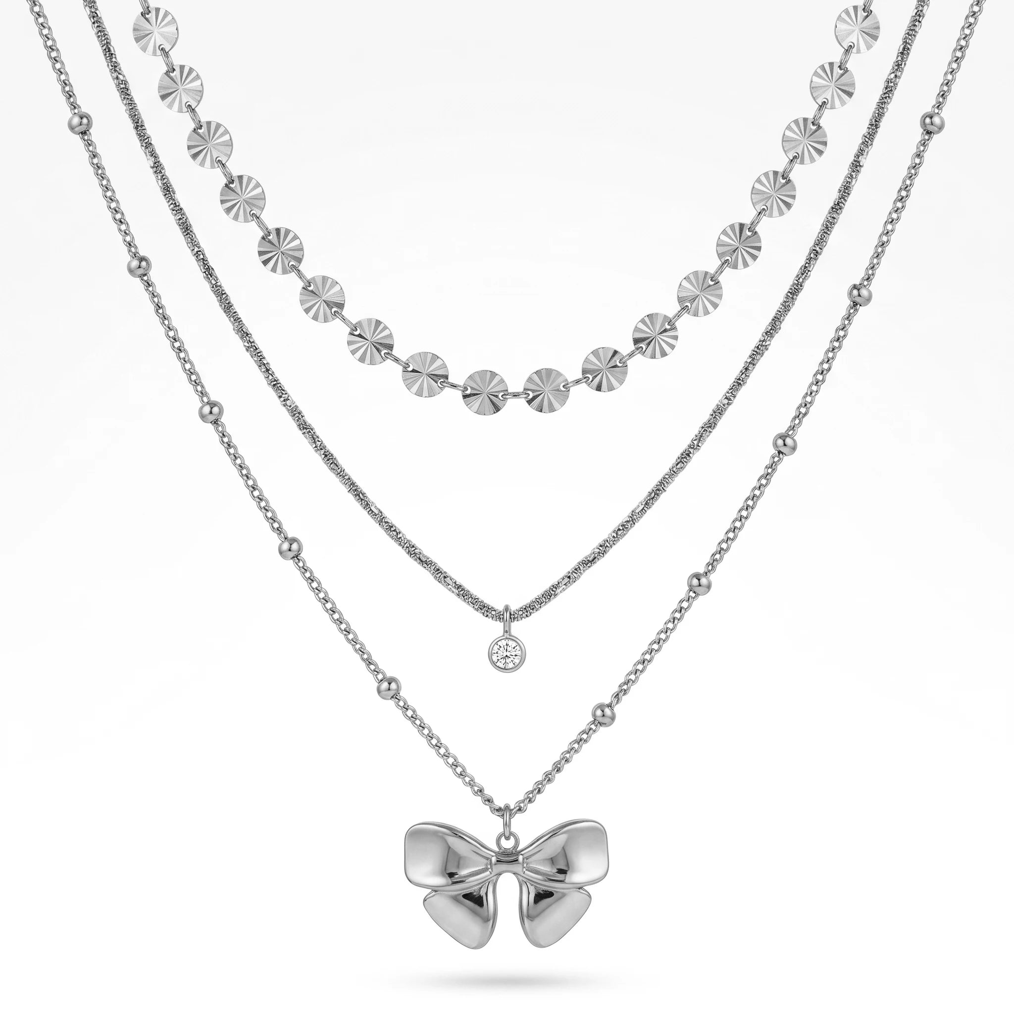 QIAOREN 12139 Ins Dainty Three Layer Stainless Steel Choker Gold Bow Charm Round Zircon & Textured Disc Chain Ladies Accessory