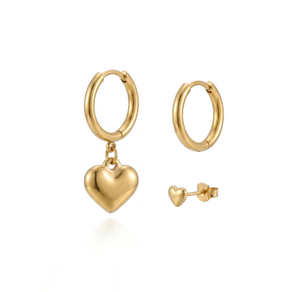 QIAOREN 11764 Minimalist Solid Puffy Heart Combo Earrings 18K Gold Plated Stainless Steel Hoop Stud Set Party Women's