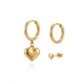 QIAOREN 11764 Minimalist Solid Puffy Heart Combo Earrings 18K Gold Plated Stainless Steel Hoop Stud Set Party Women's