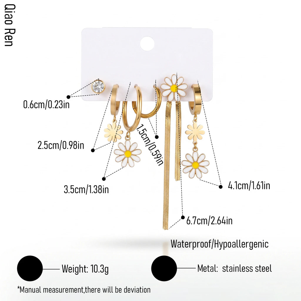 QIAOREN 14488 Daisy Tassel Stainless Steel Enamel Flower Drop Earring Pack, Gold Multi-style Huggie Hoops Stud Earrings