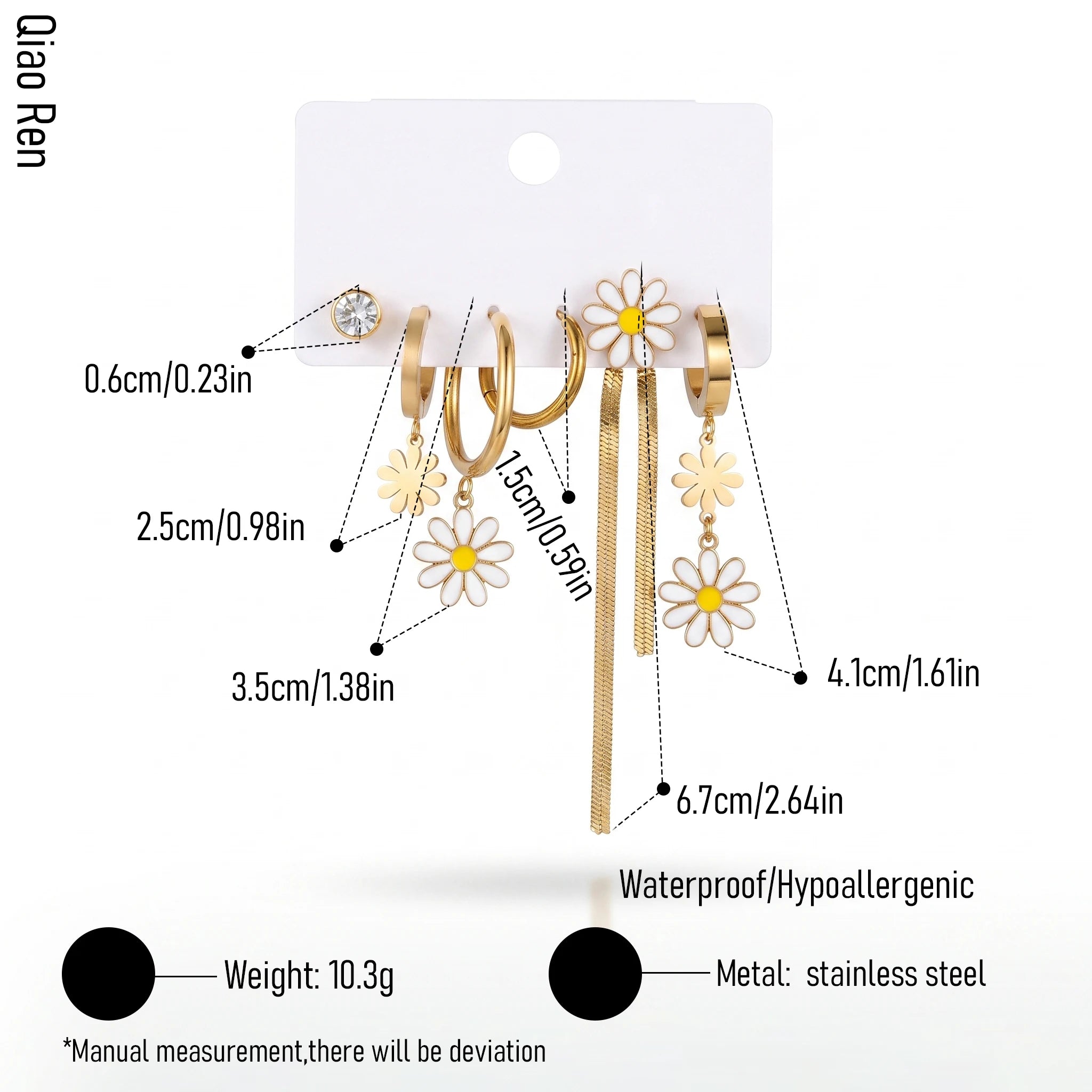 QIAOREN 14488 Daisy Tassel Stainless Steel Enamel Flower Drop Earring Pack, Gold Multi-style Huggie Hoops Stud Earrings