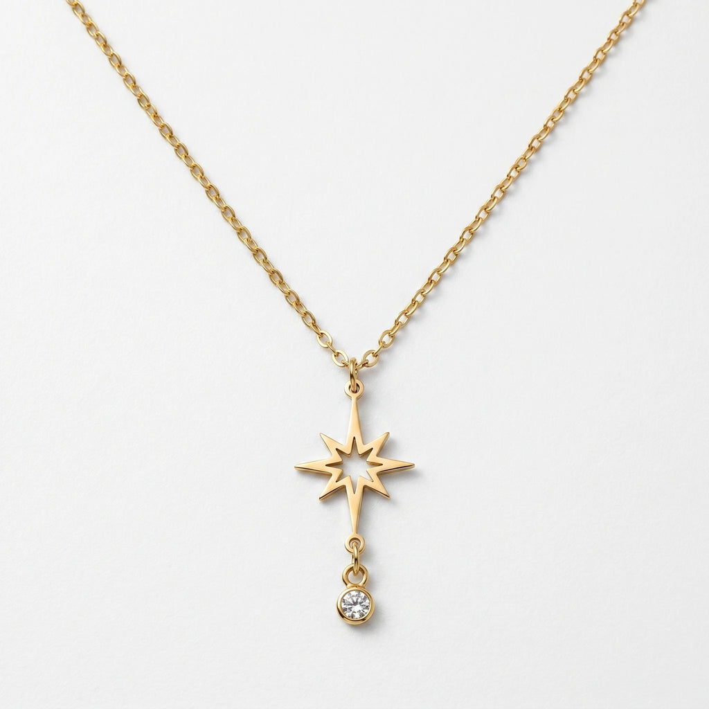 QIAOREN 11979 Wholesale 18K Gold Plated Stainless Steel North Star Pendant Necklace Hollow 8 Point Star with Dangle CZ Stone