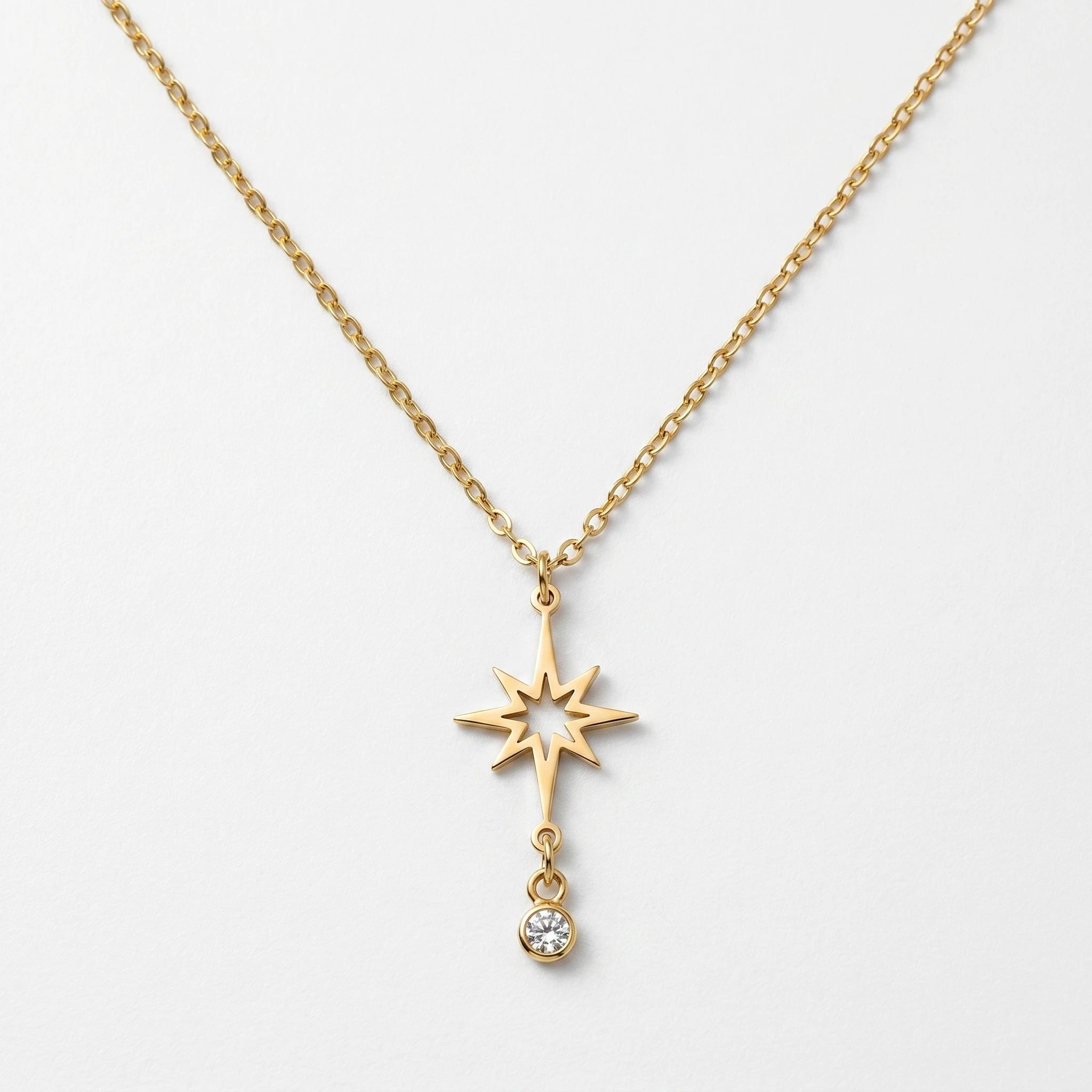QIAOREN 11979 Wholesale 18K Gold Plated Stainless Steel North Star Pendant Necklace Hollow 8 Point Star with Dangle CZ Stone