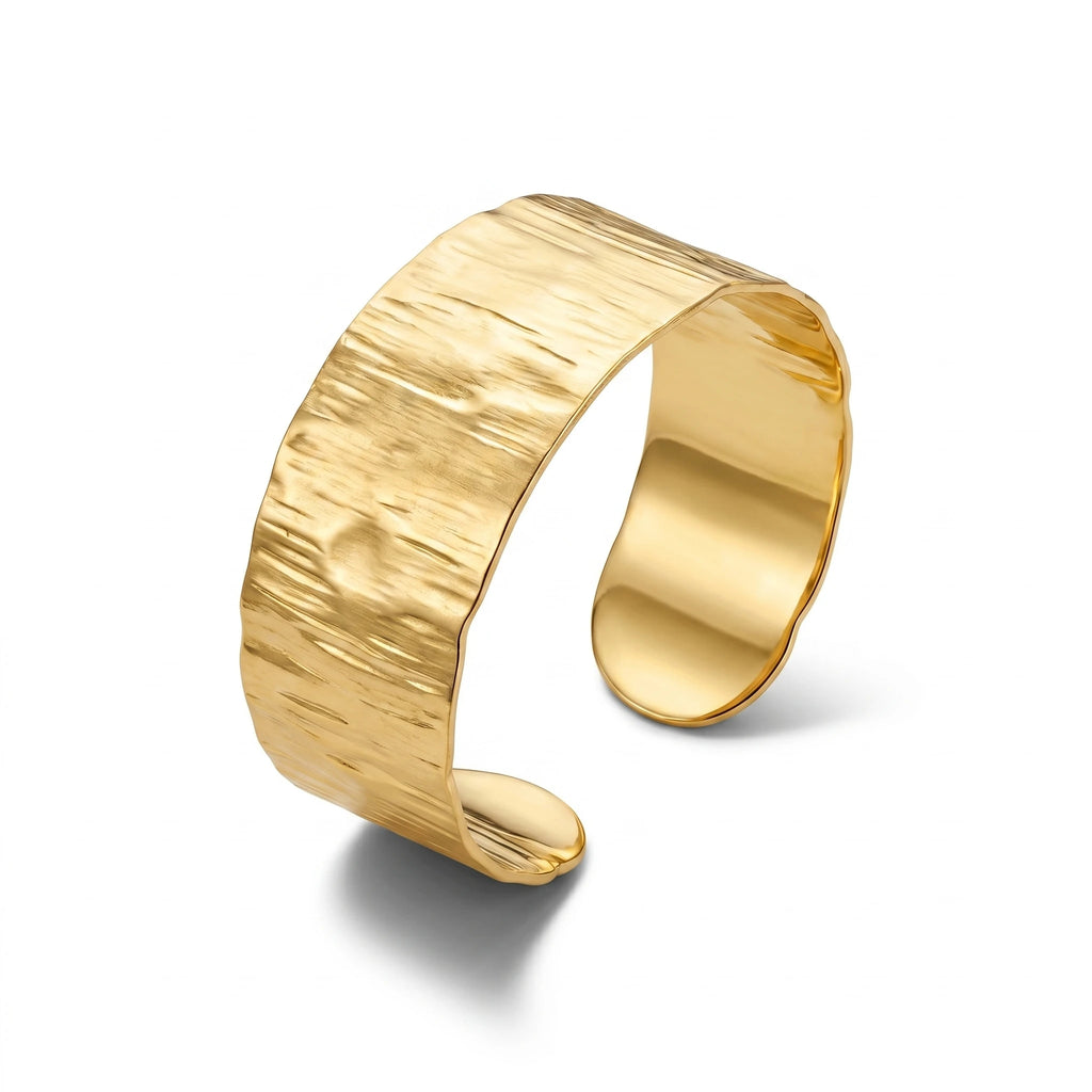 QIAOREN 12675 18K Gold  Bark Texture Wide Open Cuff Bracelet Stainless Steel Hand Hammered Streaky Adjustable Stackable Jewelry
