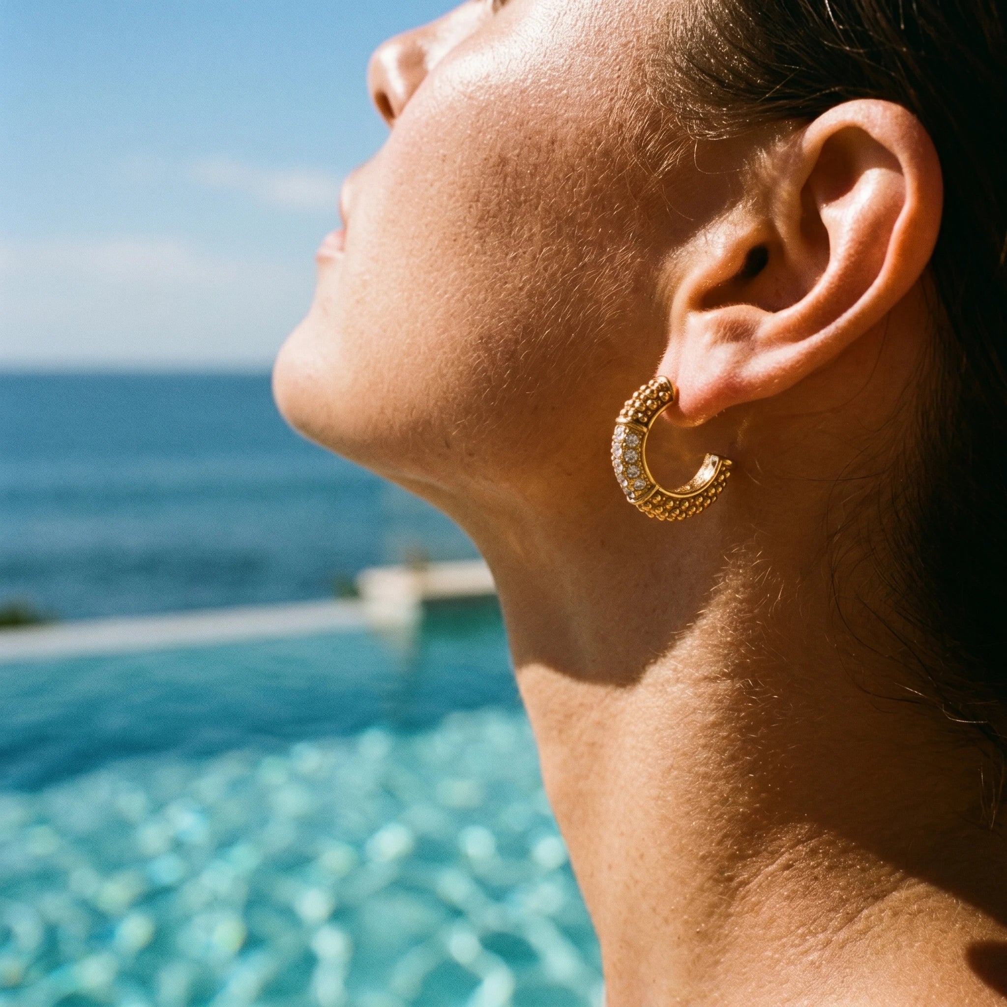 QIAOREN 12452  Gold Paved CZ Half Hoop Earrings Stainless Steel Beaded Textured Huggie Hoops Hypoallergenic Sparkly Jewelry